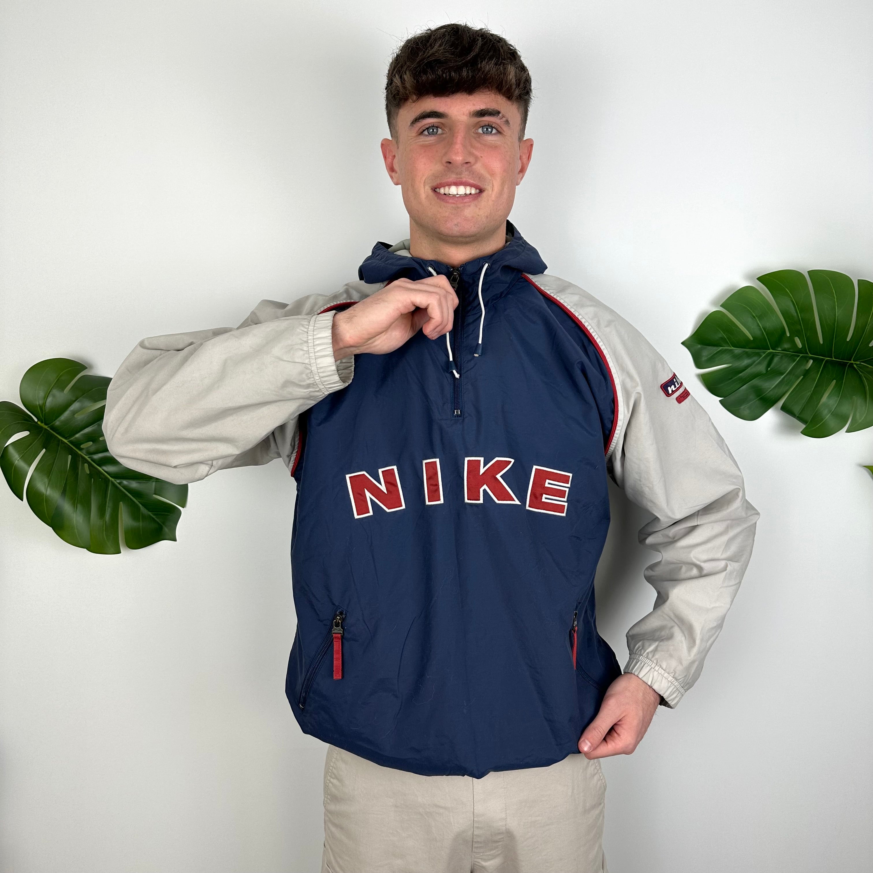 Nike Navy & Grey Embroidered Spell Out Quarter Zip Windbreaker Jacket (L)