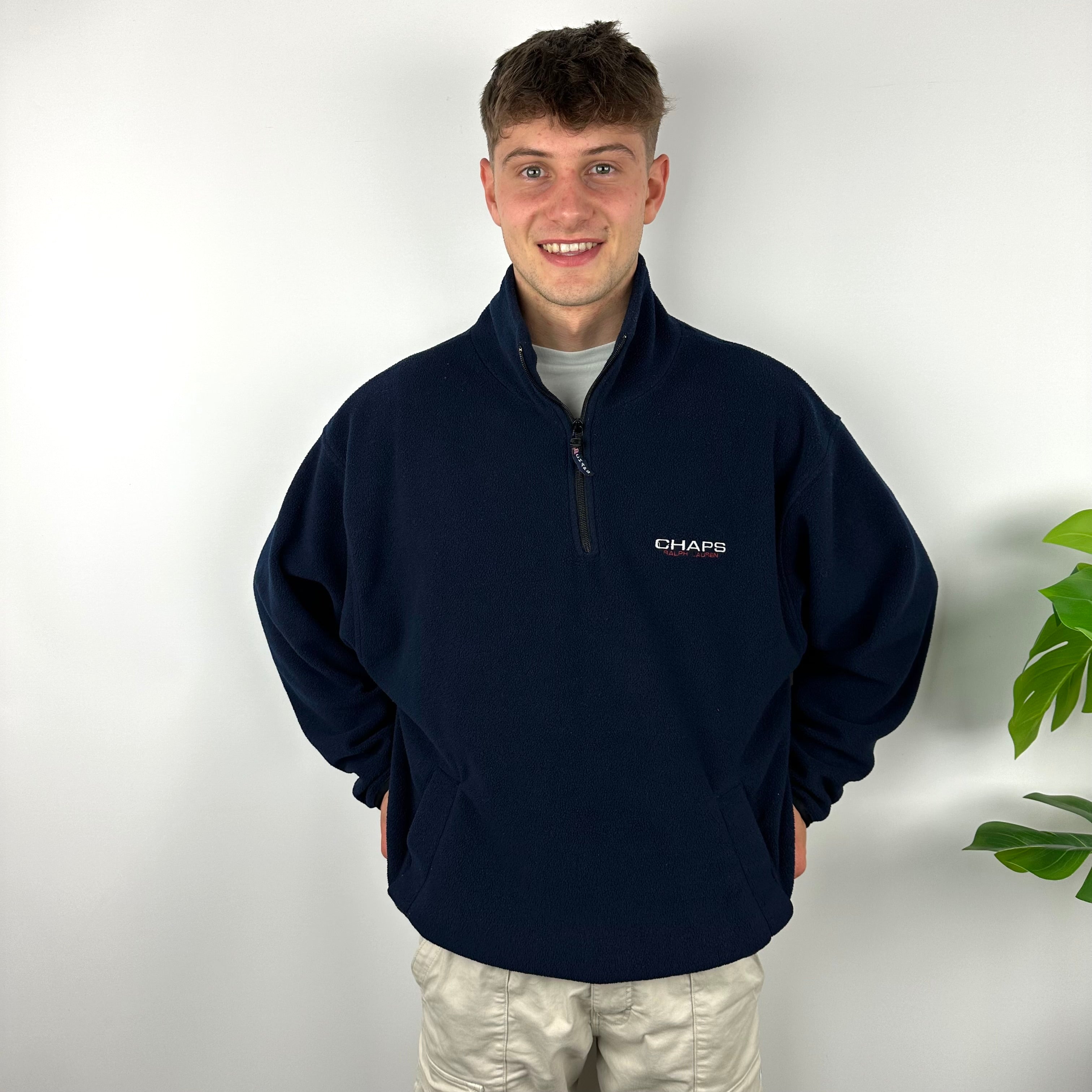 Chaps Ralph Lauren Navy Embroidered Spell Out Teddy Bear Fleece Quarter Zip Sweatshirt (XL)