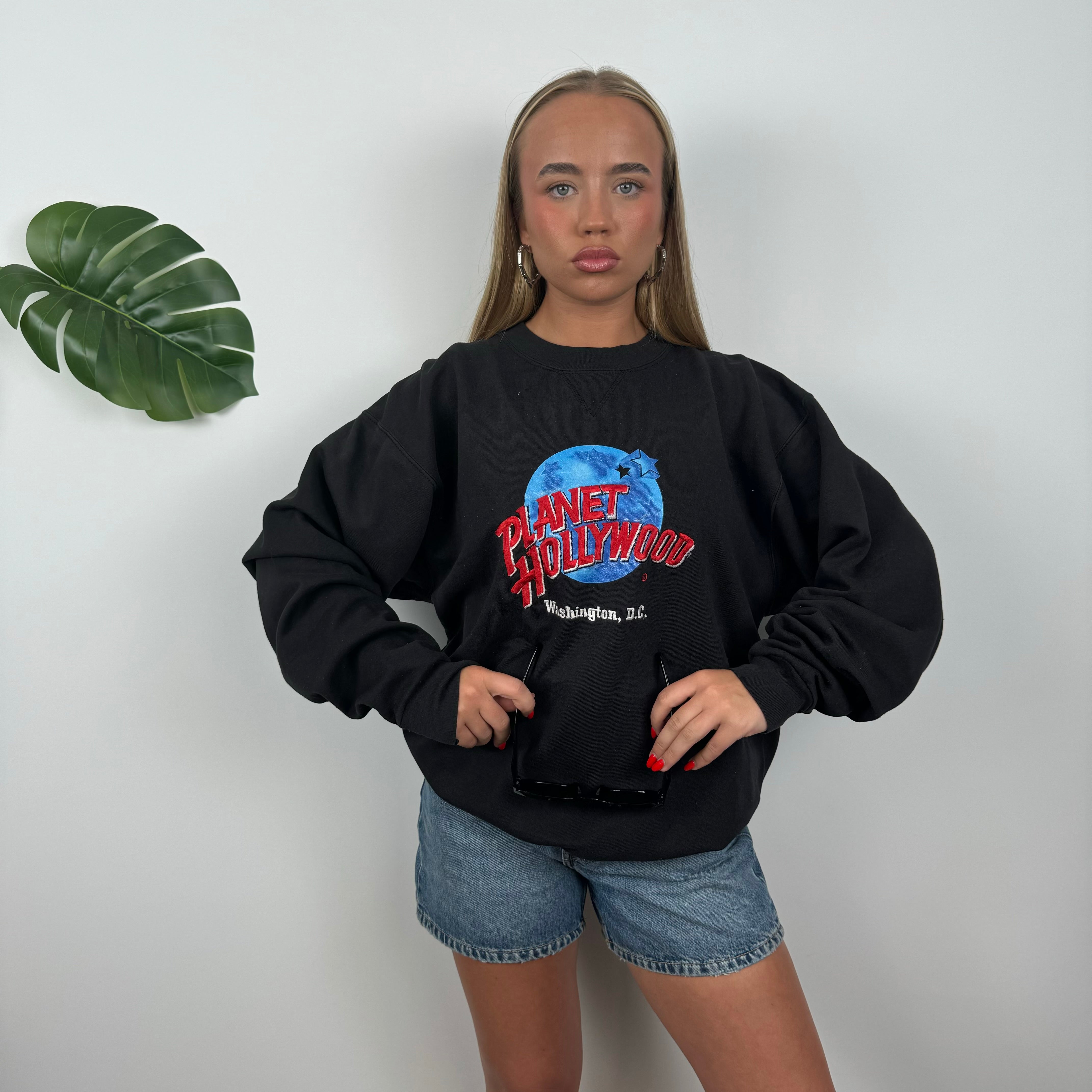 Planet Hollywood Washington Black Embroidered Spell Out Sweatshirt (L)