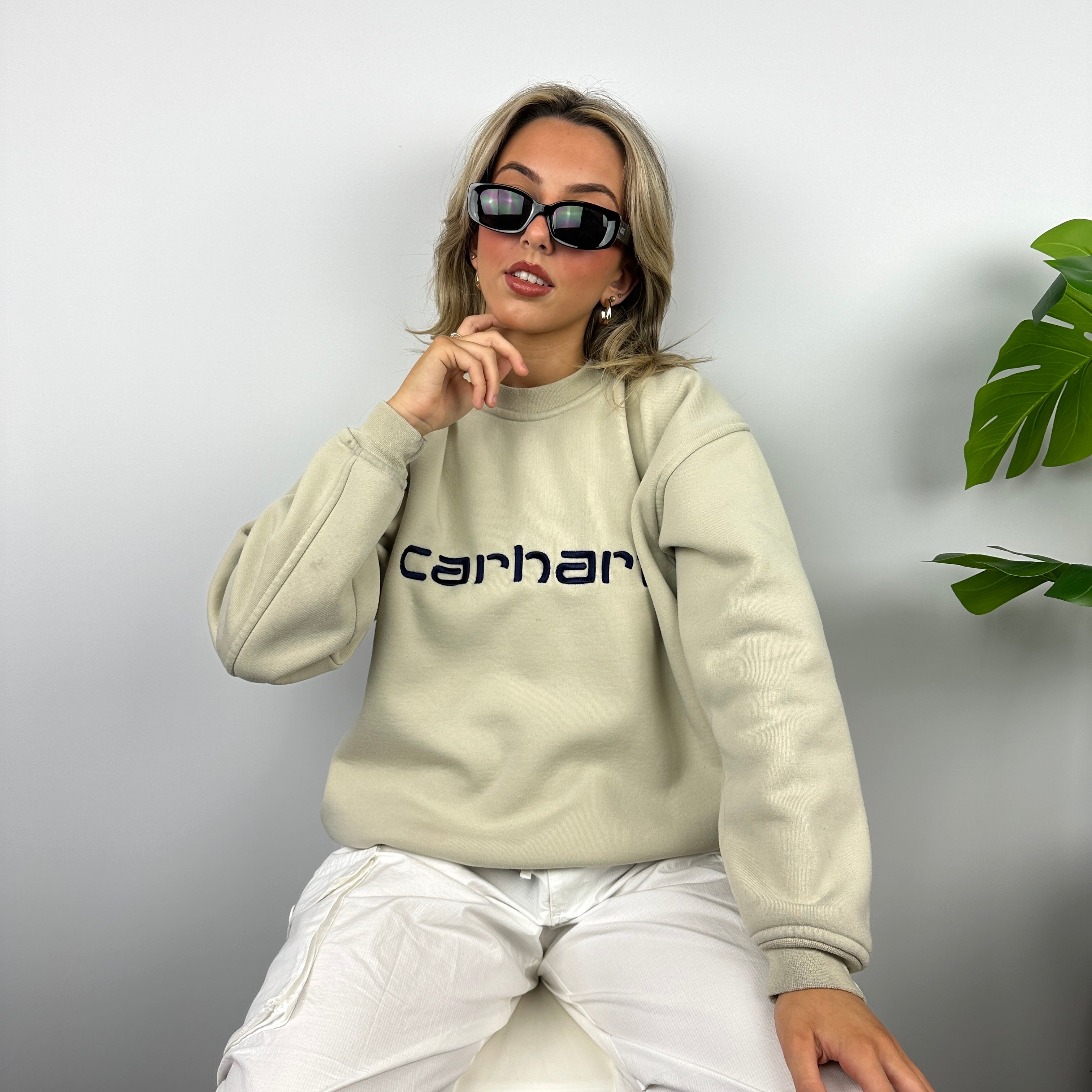 Carhartt Cream Embroidered Spell Out Sweatshirt (M)