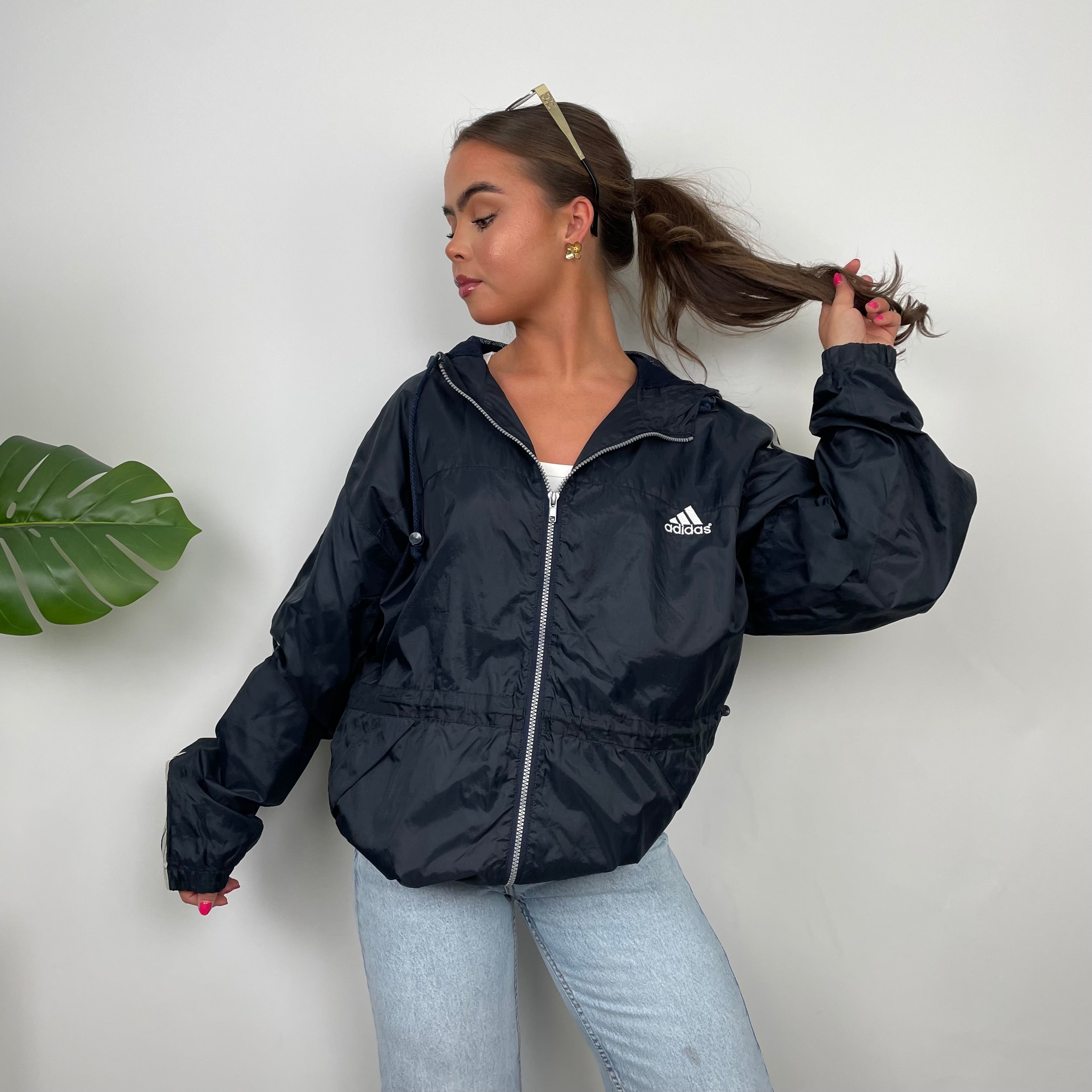 Adidas Navy Embroidered Spell Out Zip Up Windbreaker Jacket (M)