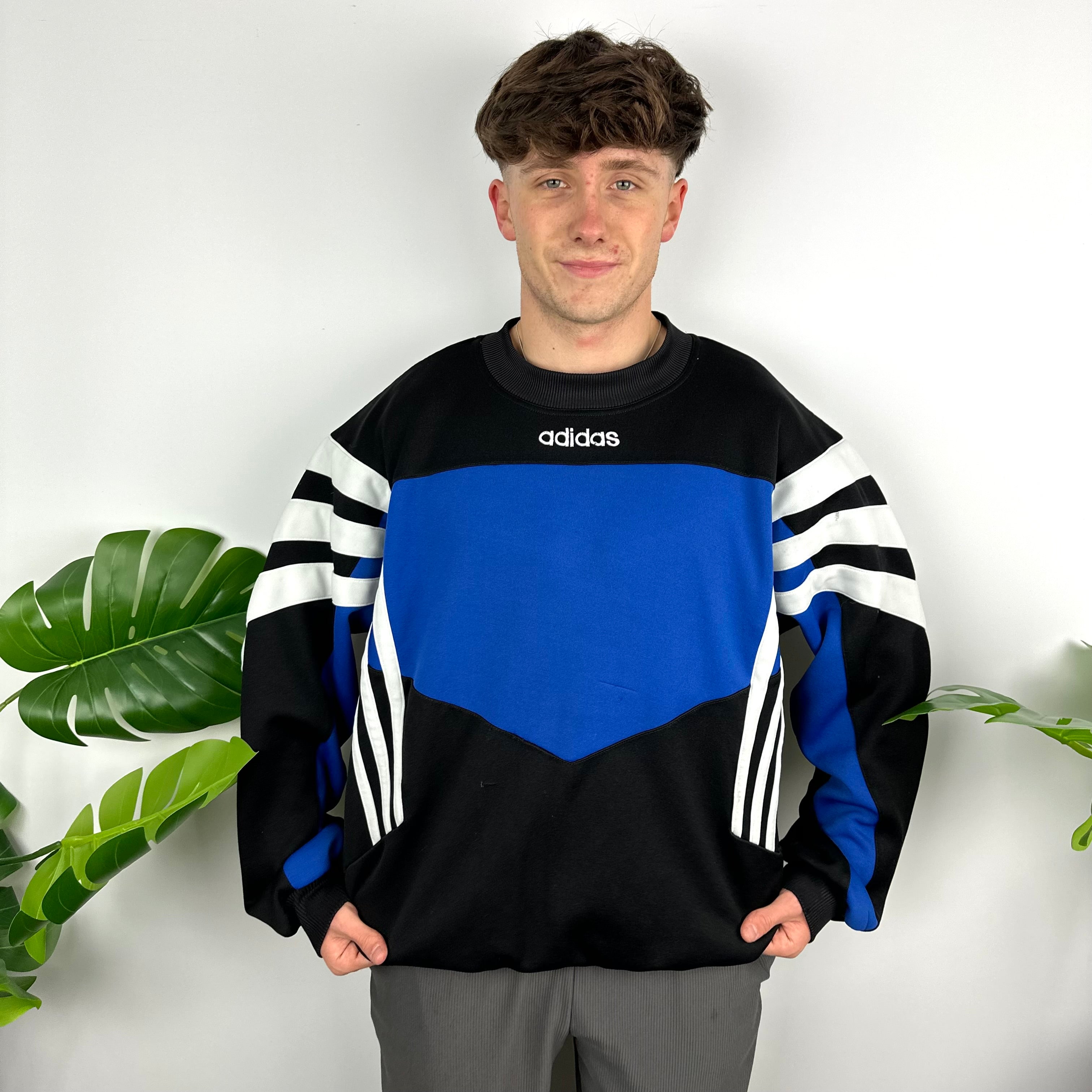 Adidas Black & Blue Embroidered Spell Out Colour Block Sweatshirt (L)