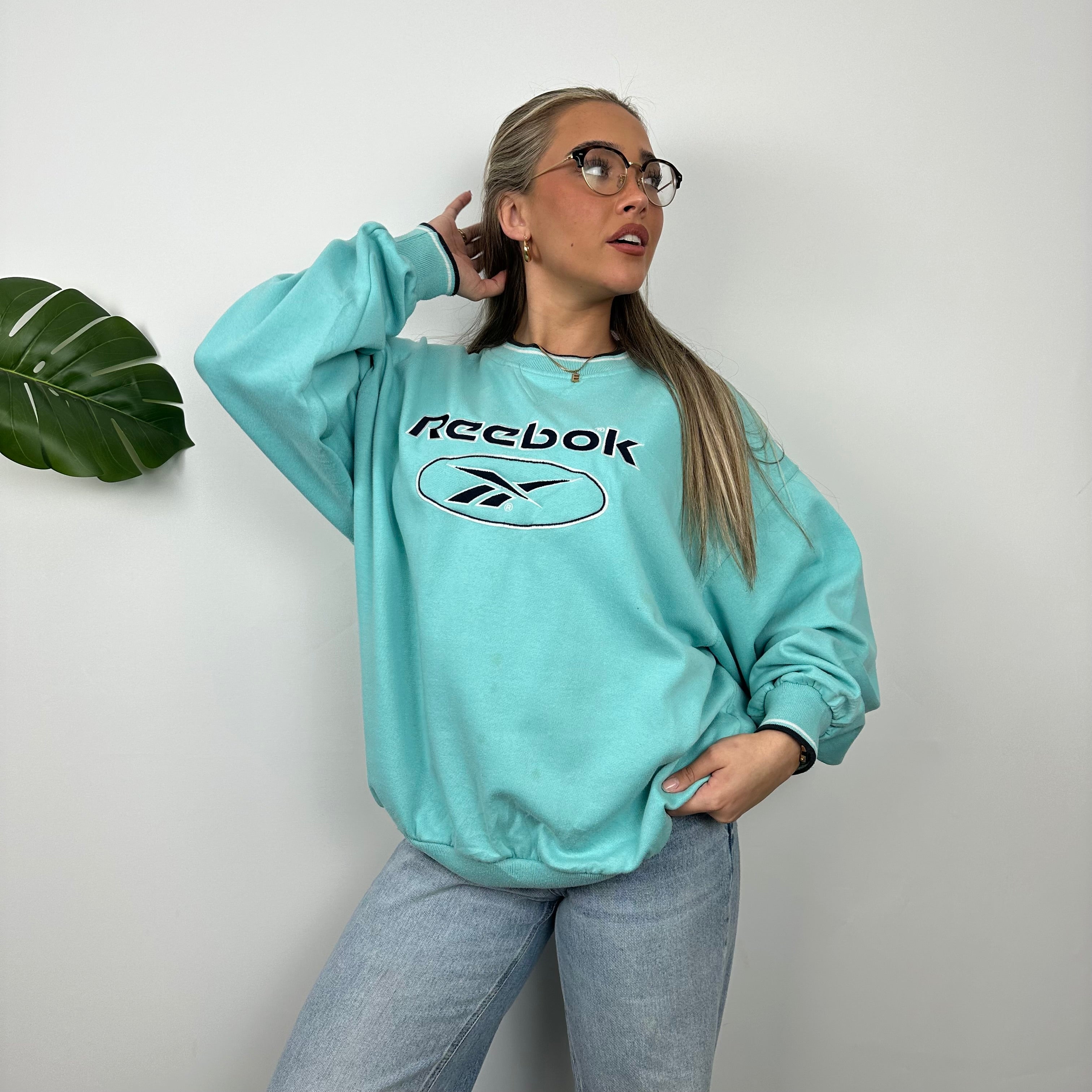 Reebok Turquoise Blue Embroidered Spell Out Sweatshirt (L)