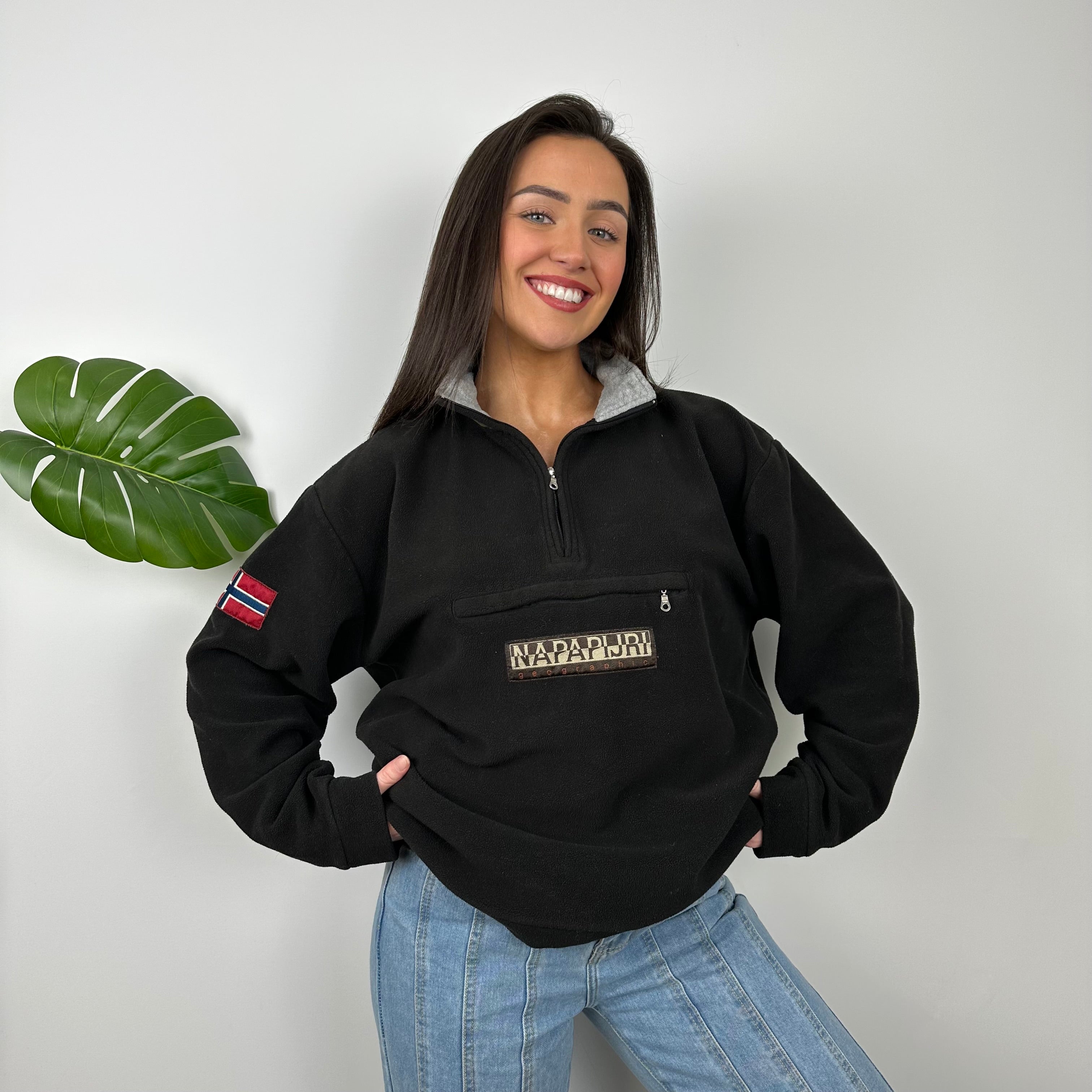 Napapijri RARE Black Embroidered Spell Out Teddy Bear Fleece Quarter Zip Sweatshirt (M)