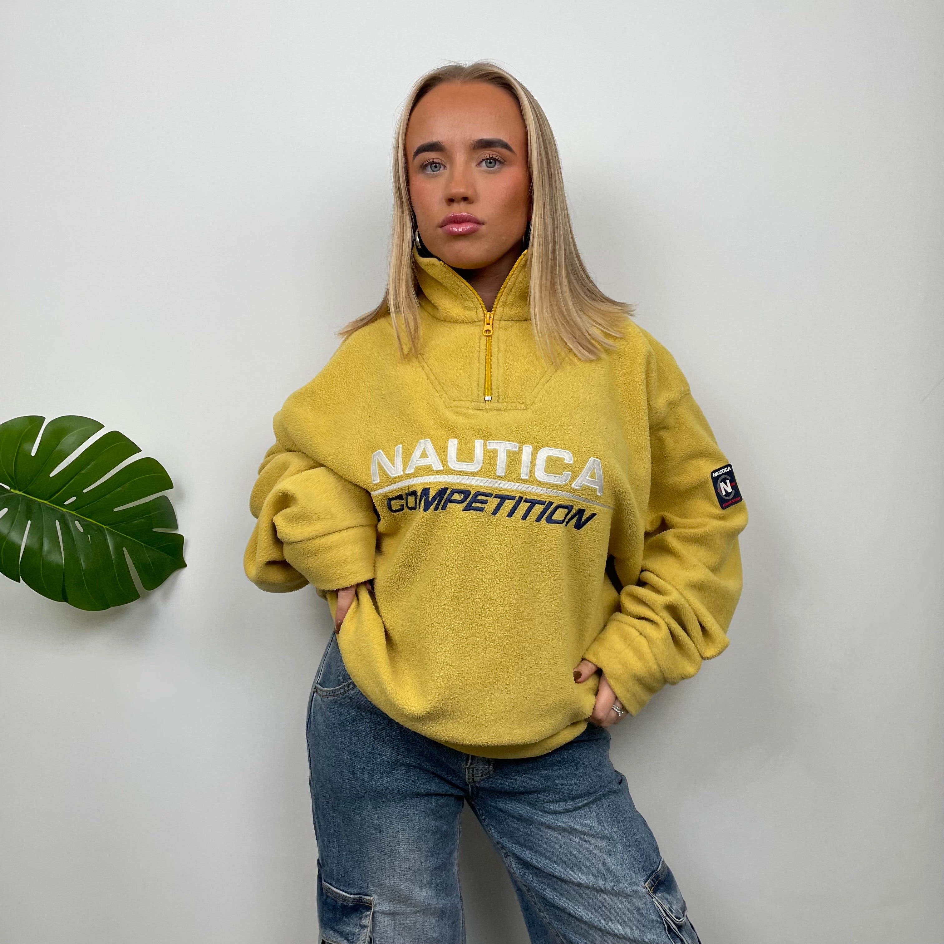 Nautica Yellow Embroidered Spell Out Teddy Bear Fleece Quarter Zip Sweatshirt (XL)