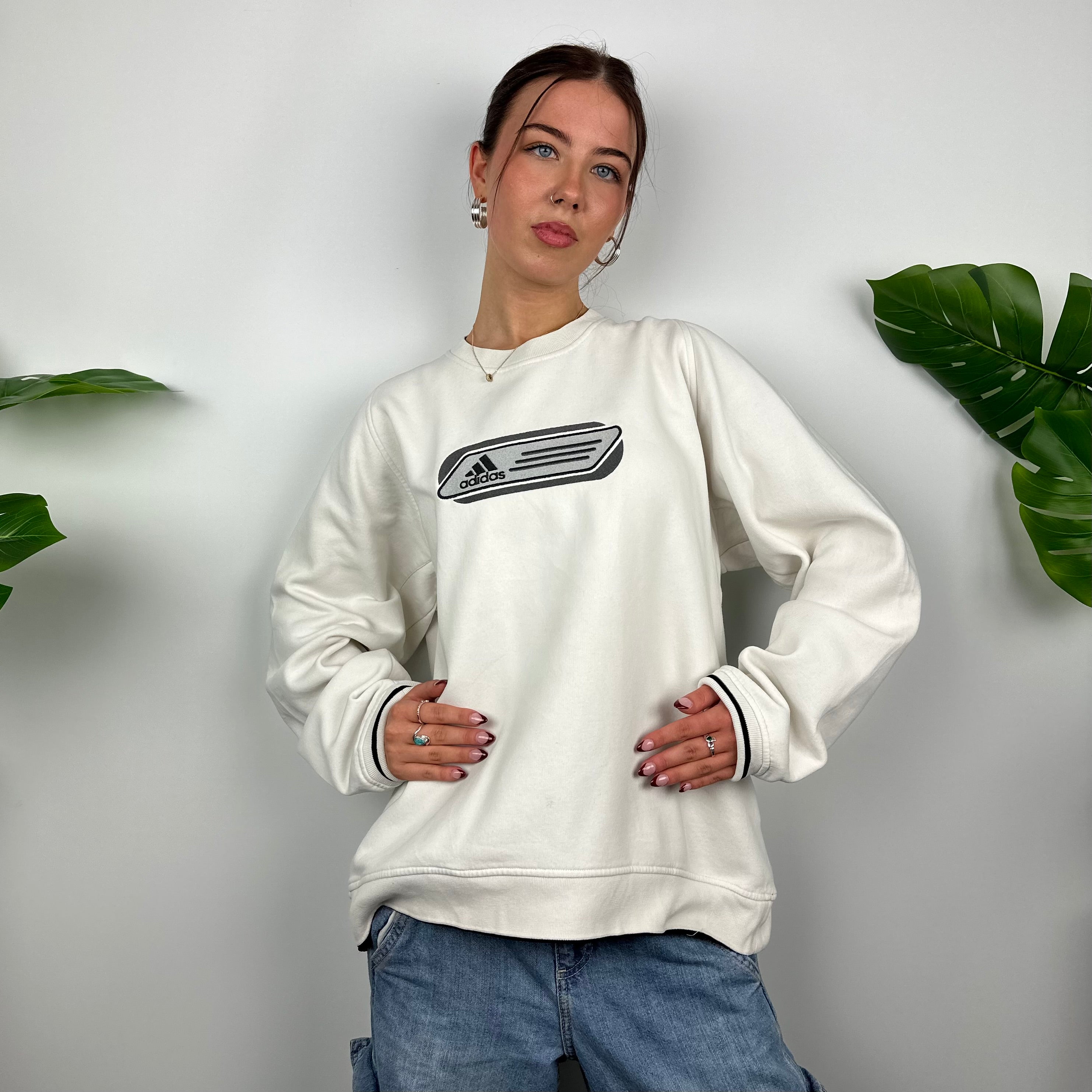 Adidas White Embroidered Spell Out Sweatshirt (L)