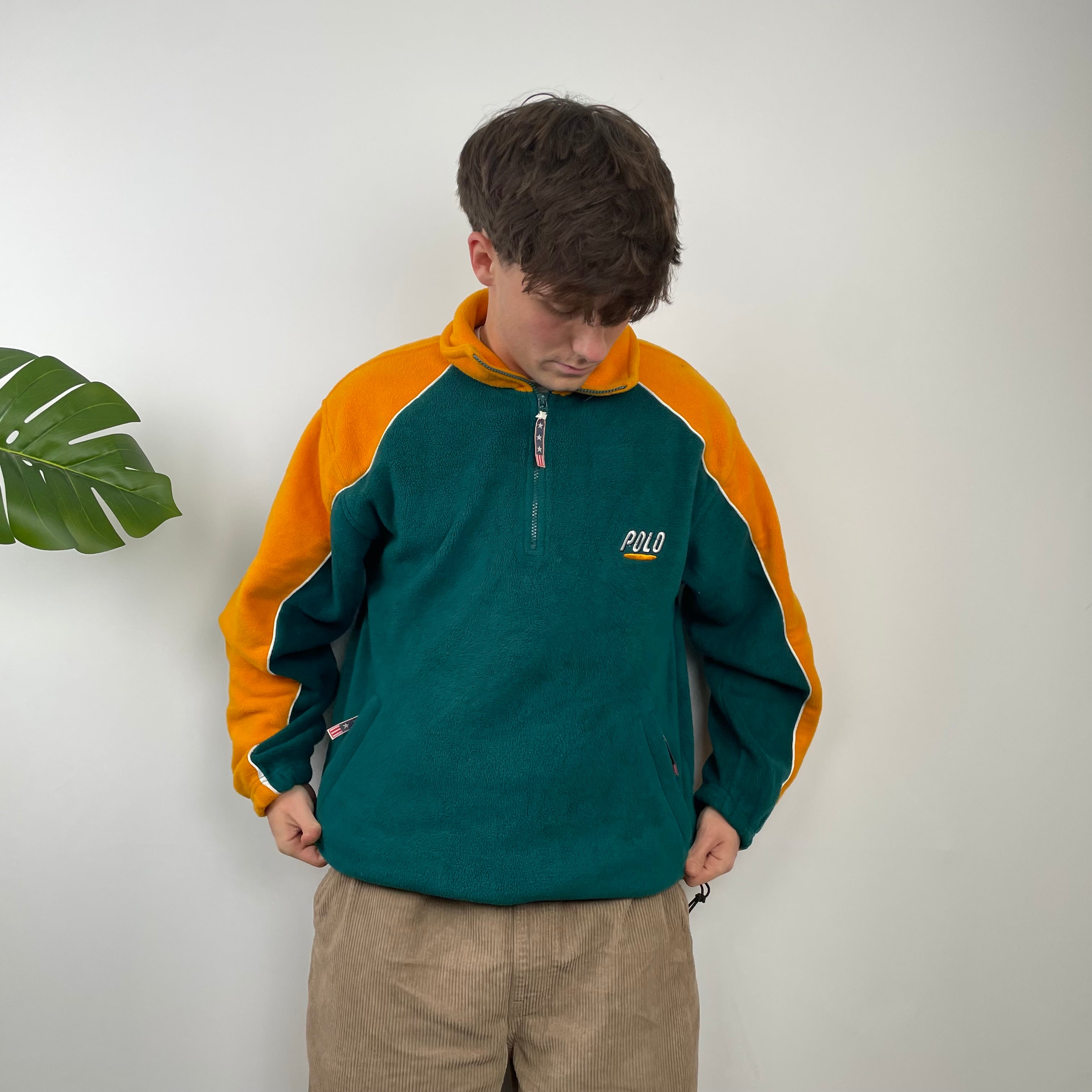 Polo Ralph Lauren Sport Turquoise Embroidered Spell Out Teddy Bear Fleece Quarter Zip Sweatshirt