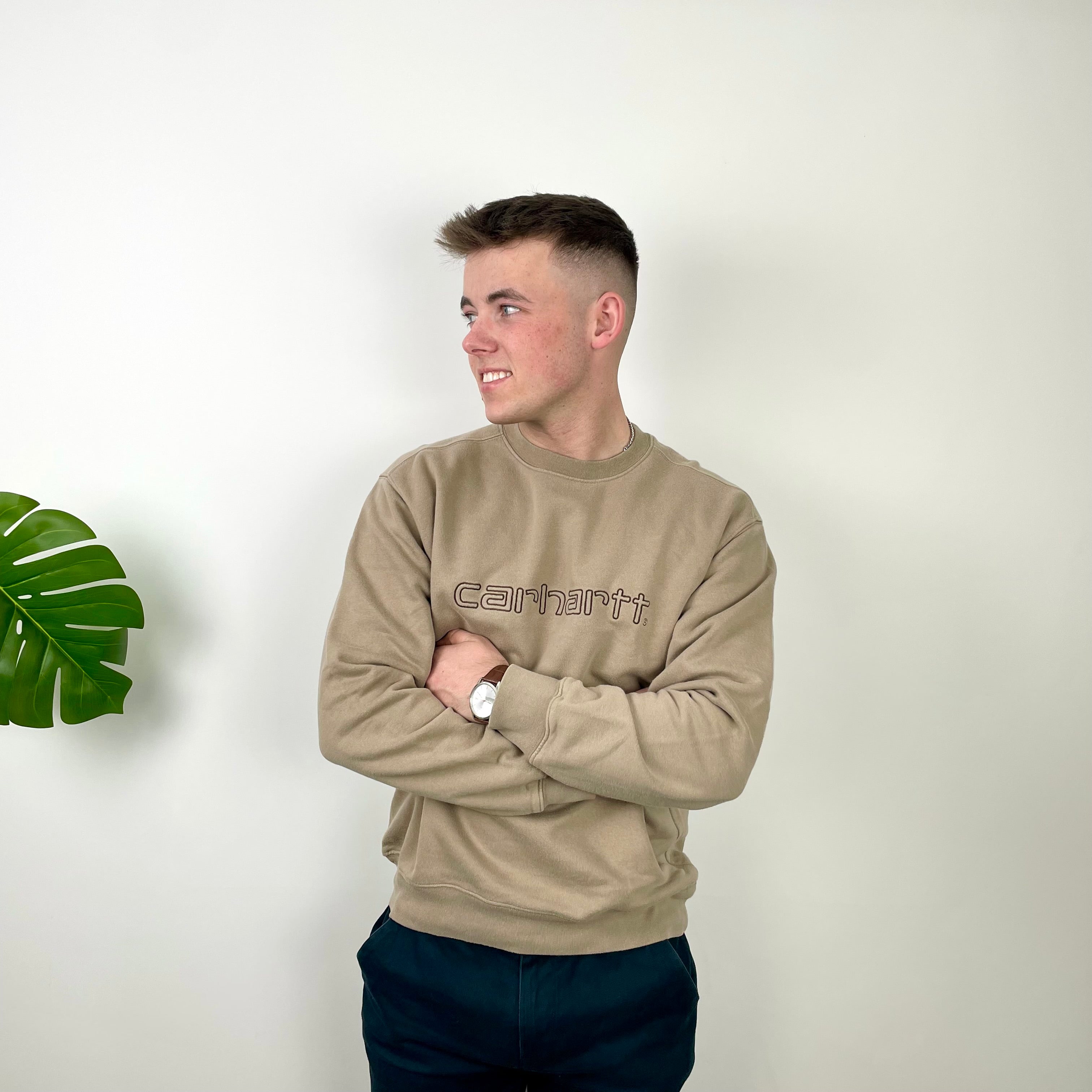 Carhartt RARE Tan Brown Embroidered Spell Out Sweatshirt (L)