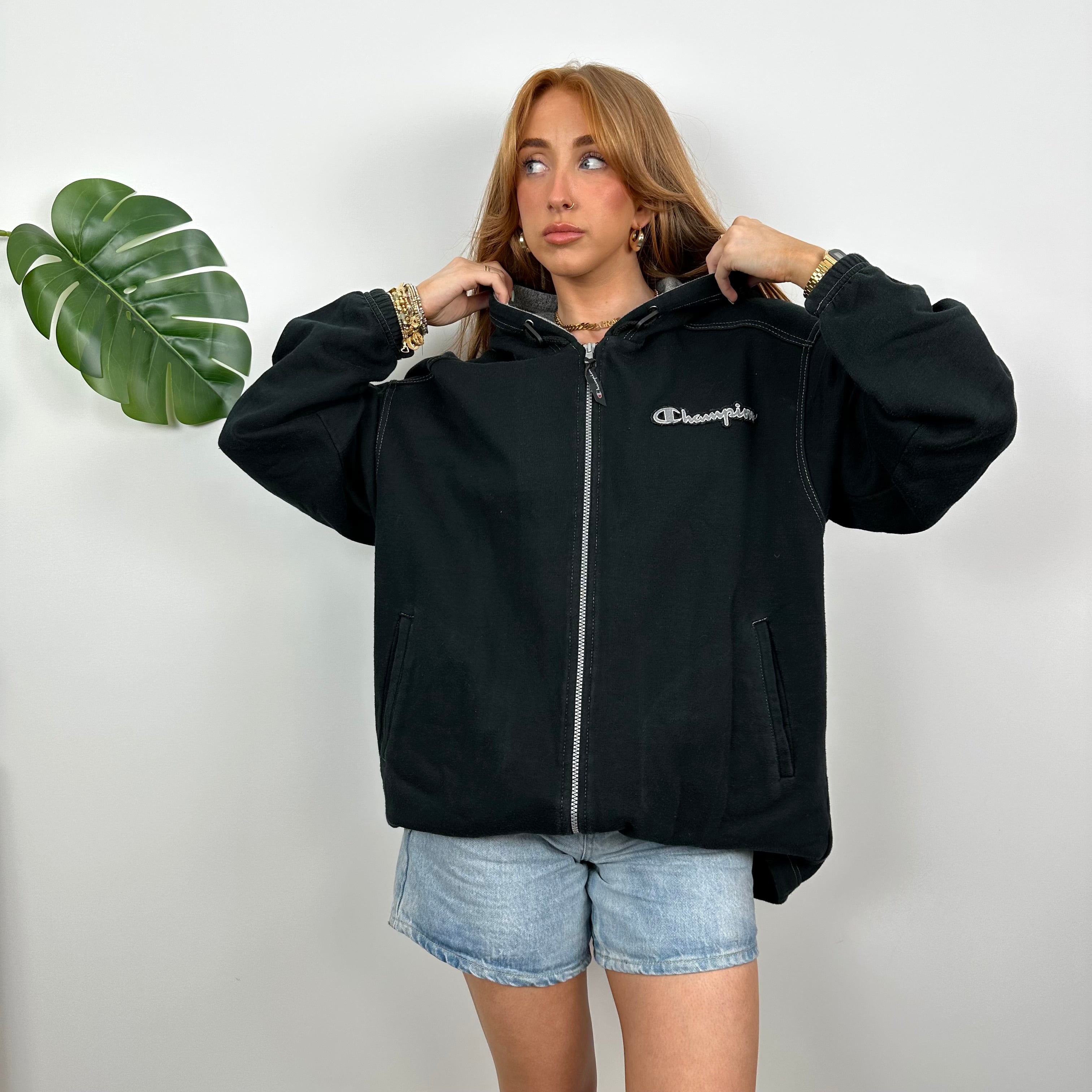 Champion RARE Black Embroidered Spell Out Zip Up Sweatshirt (S)