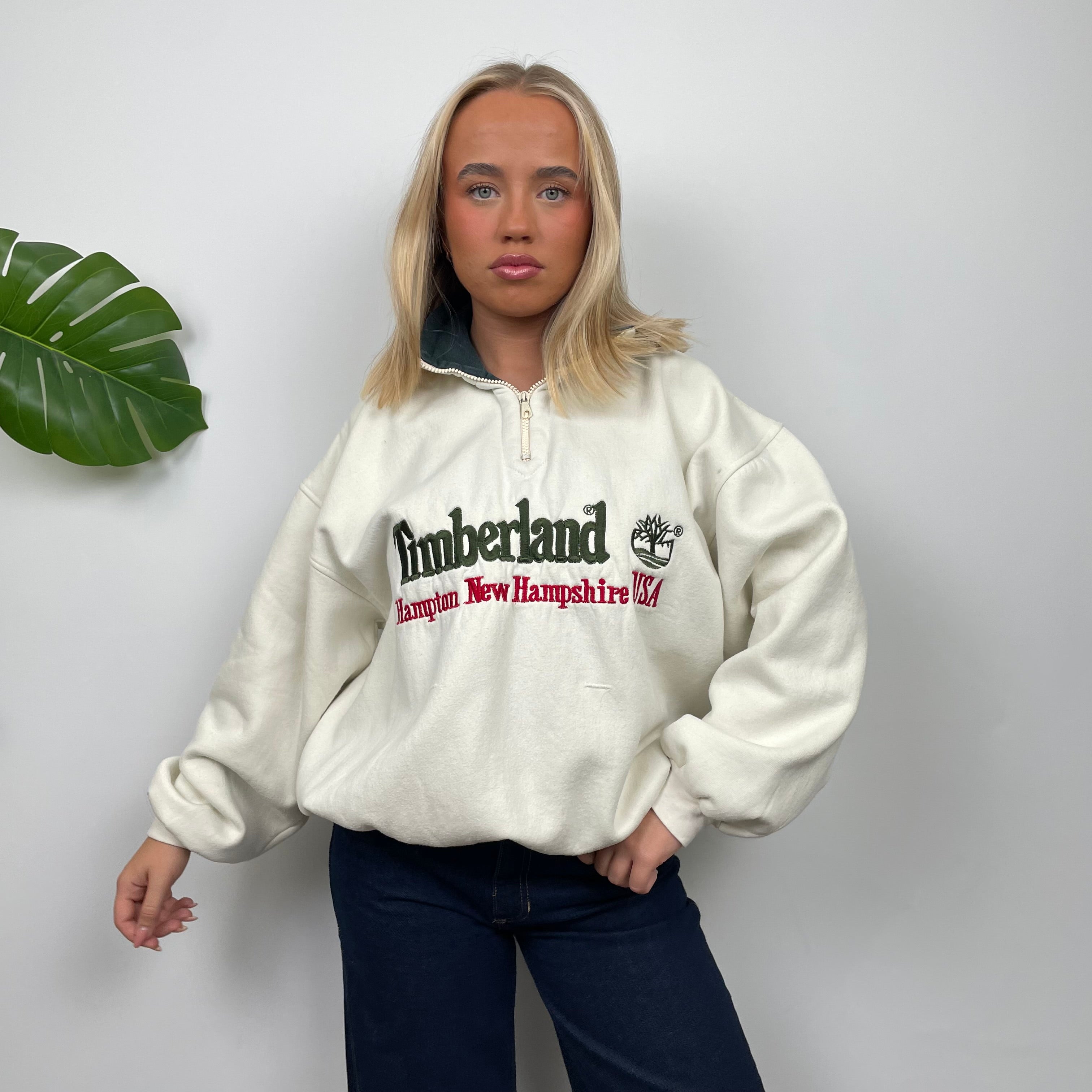 Timberland Cream Embroidered Spell Out Quarter Zip Sweatshirt (M)