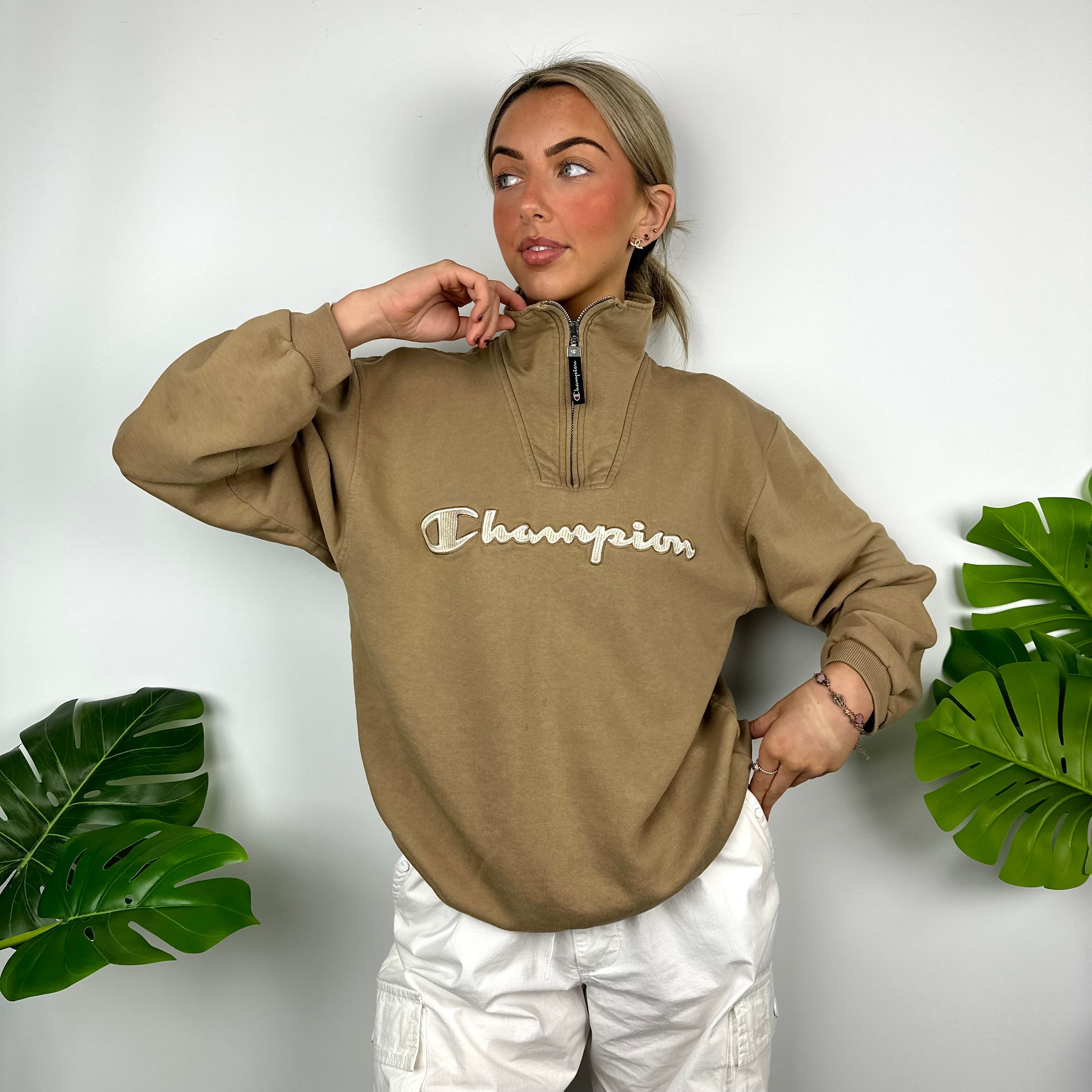 Champion Tan Embroidered Spell Out Quarter Zip Sweatshirt (M)