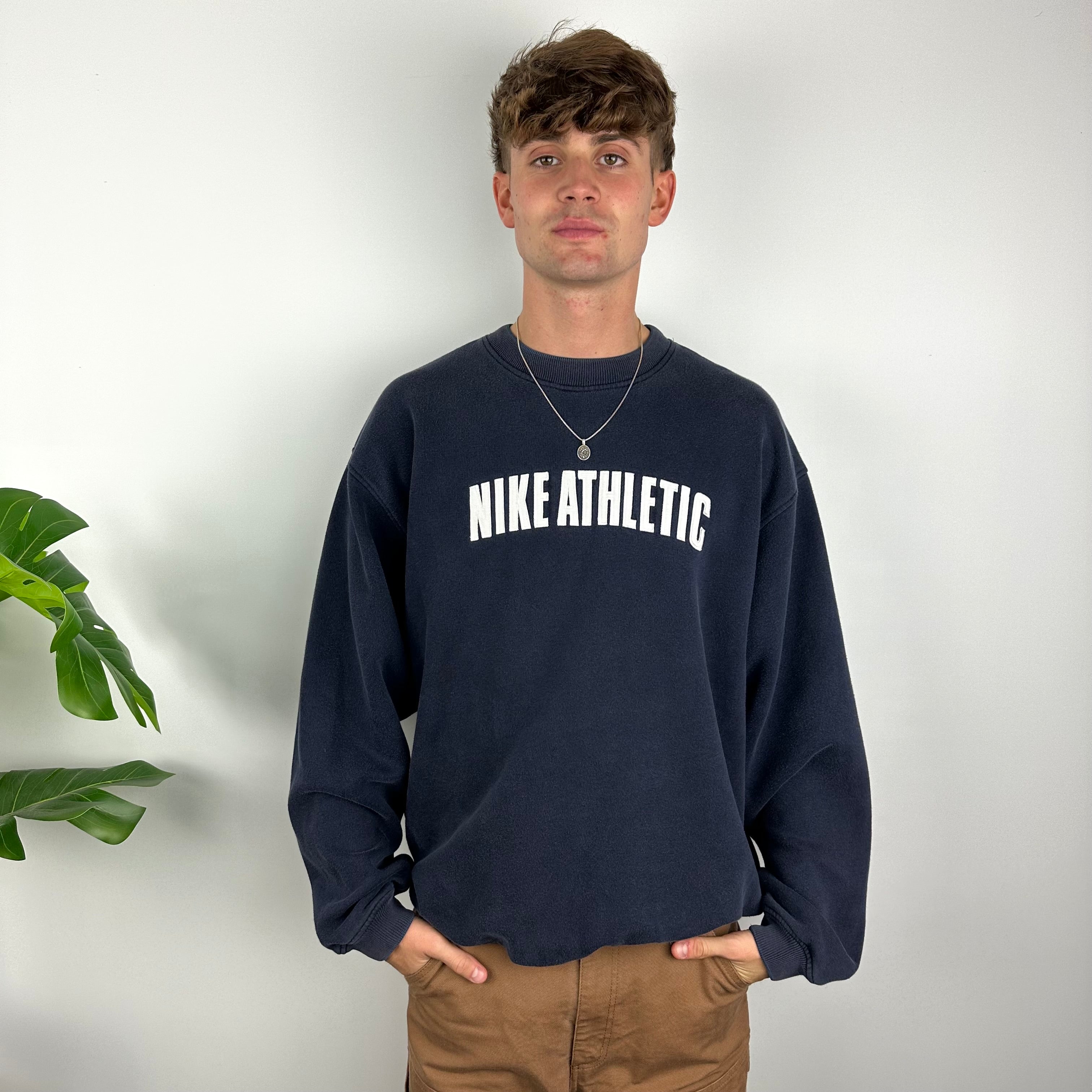 Nike Athletic RARE Navy Embroidered Spell Out Sweatshirt (XL)