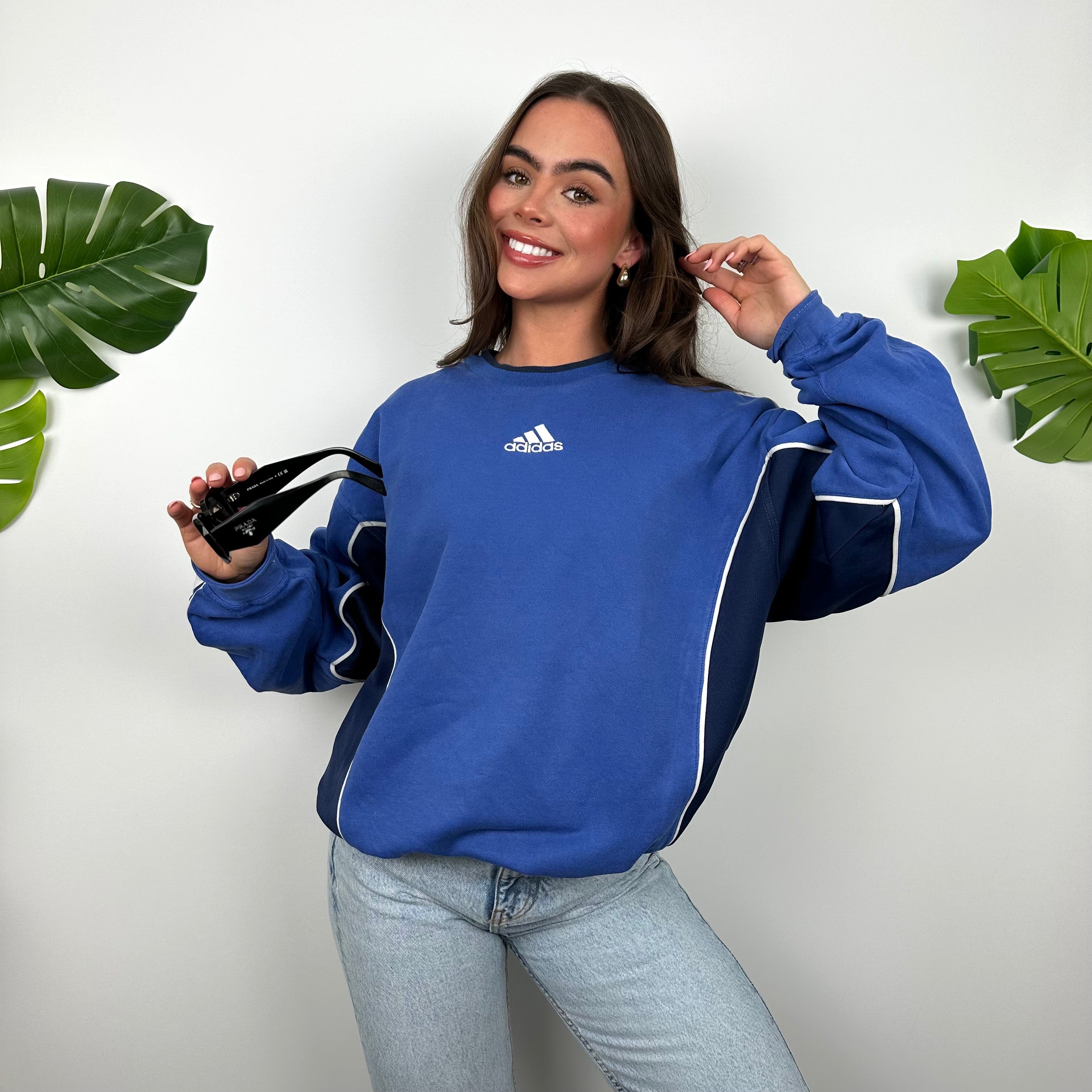 Adidas Blue Embroidered Spell Out Sweatshirt (M)