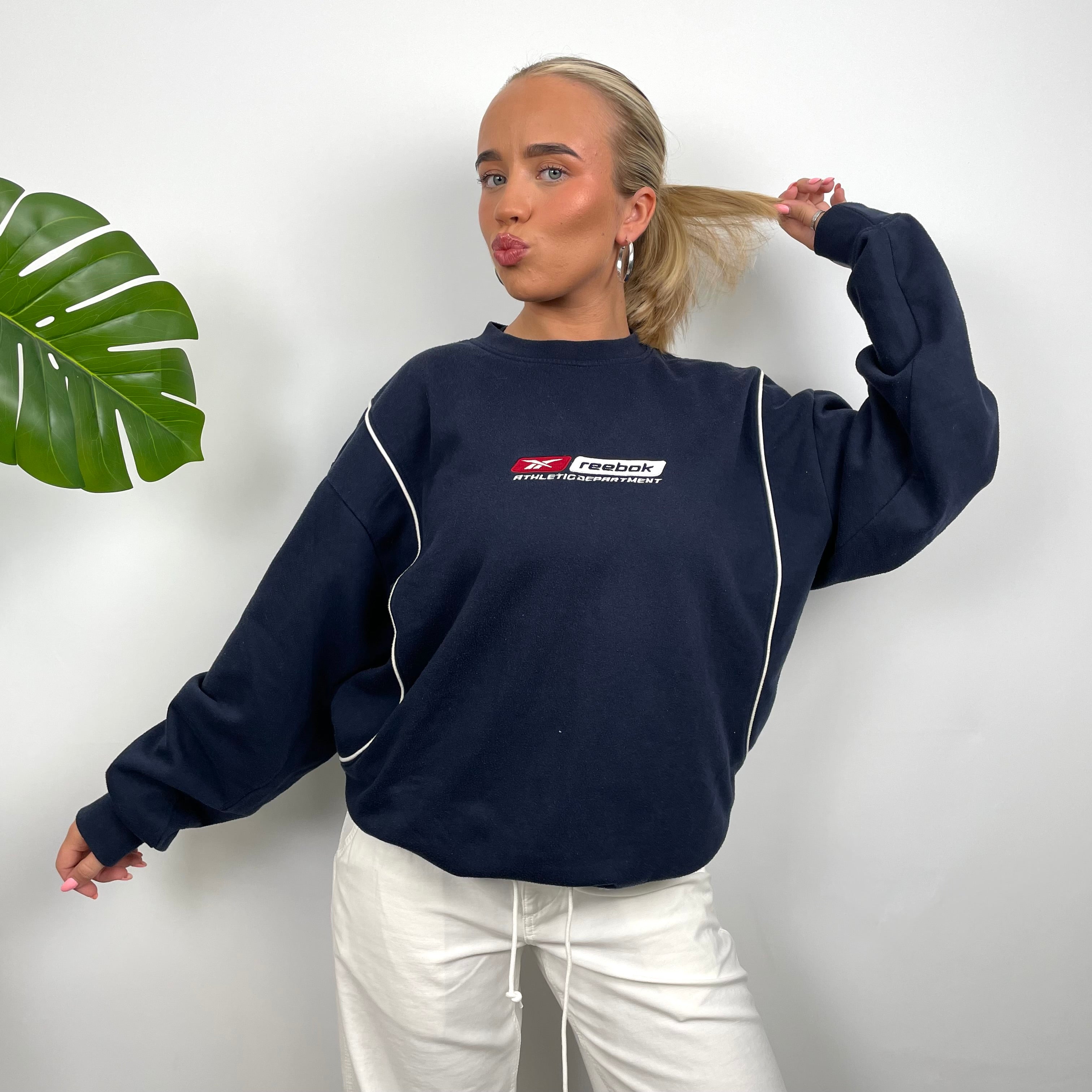 Reebok Navy Embroidered Spell Out Sweatshirt (L)