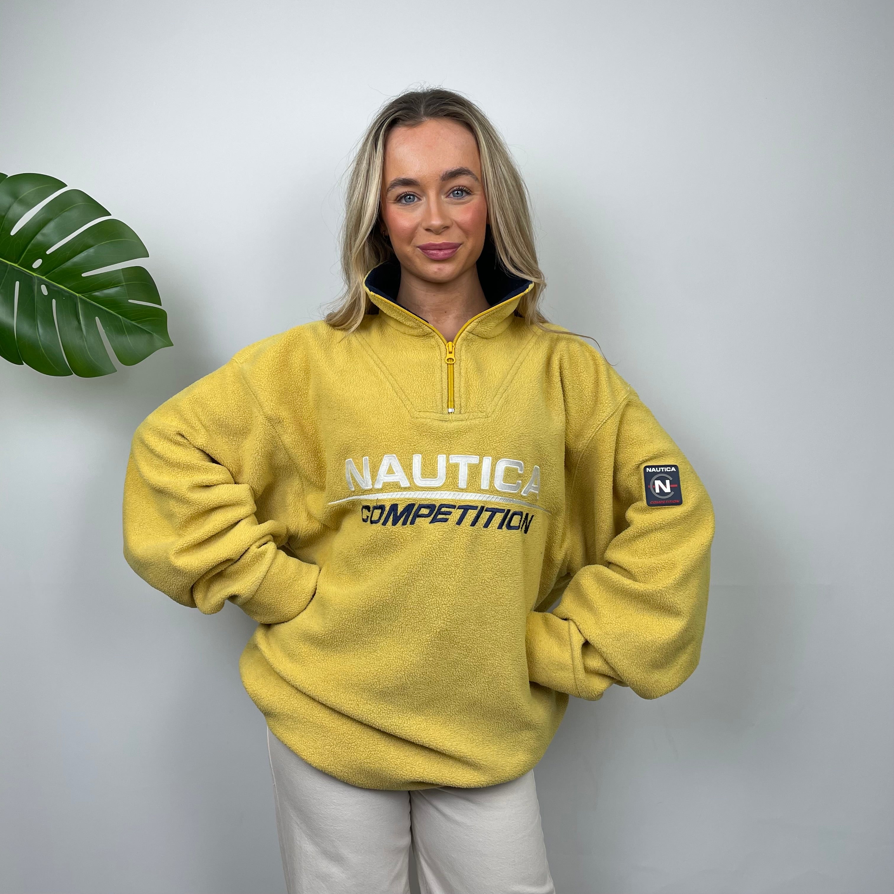 Nautica Yellow Embroidered Spell Out Teddy Bear Fleece Quarter Zip Sweatshirt (XL)