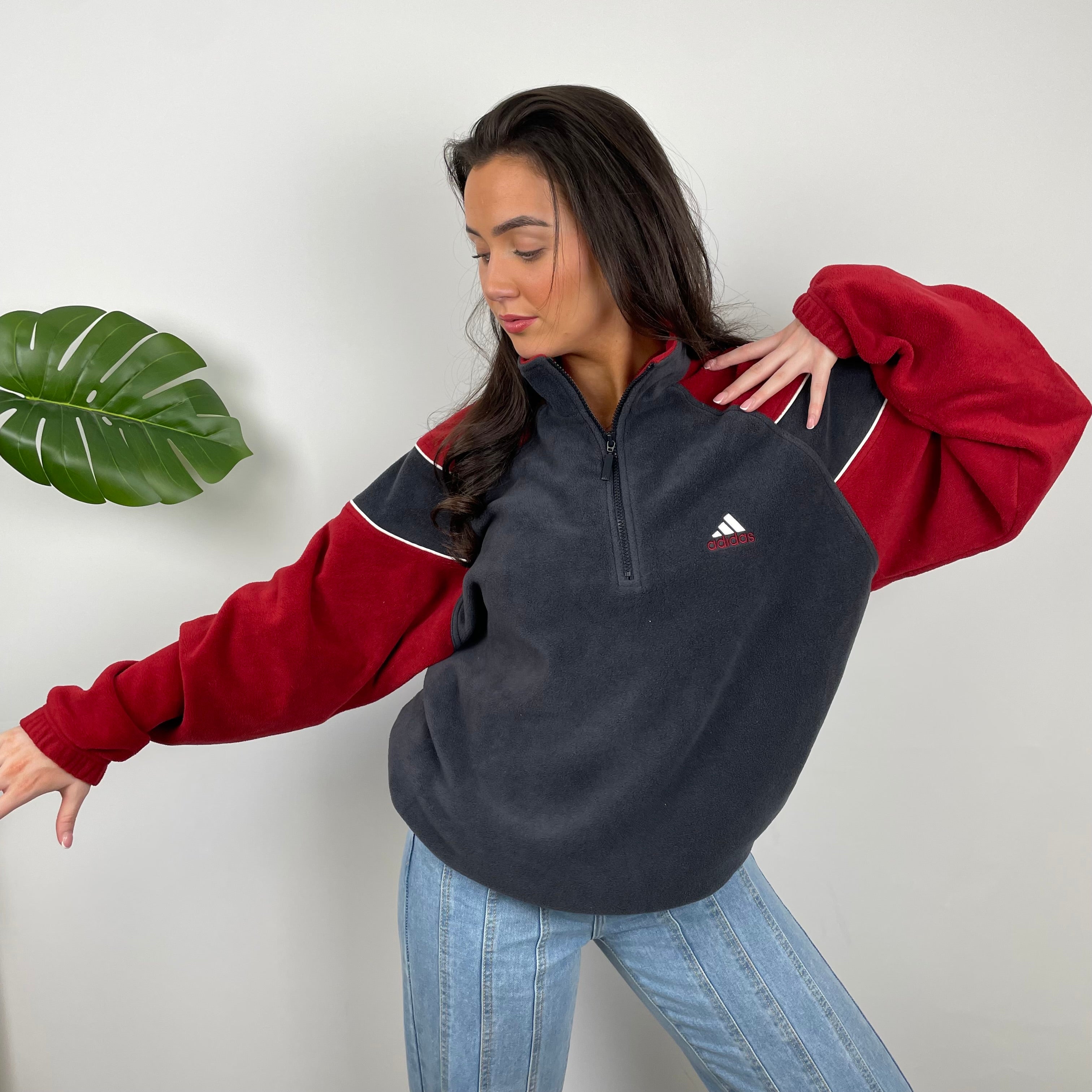 Adidas Grey Embroidered Spell Out Teddy Bear Fleece Quarter Zip Sweatshirt (XL)