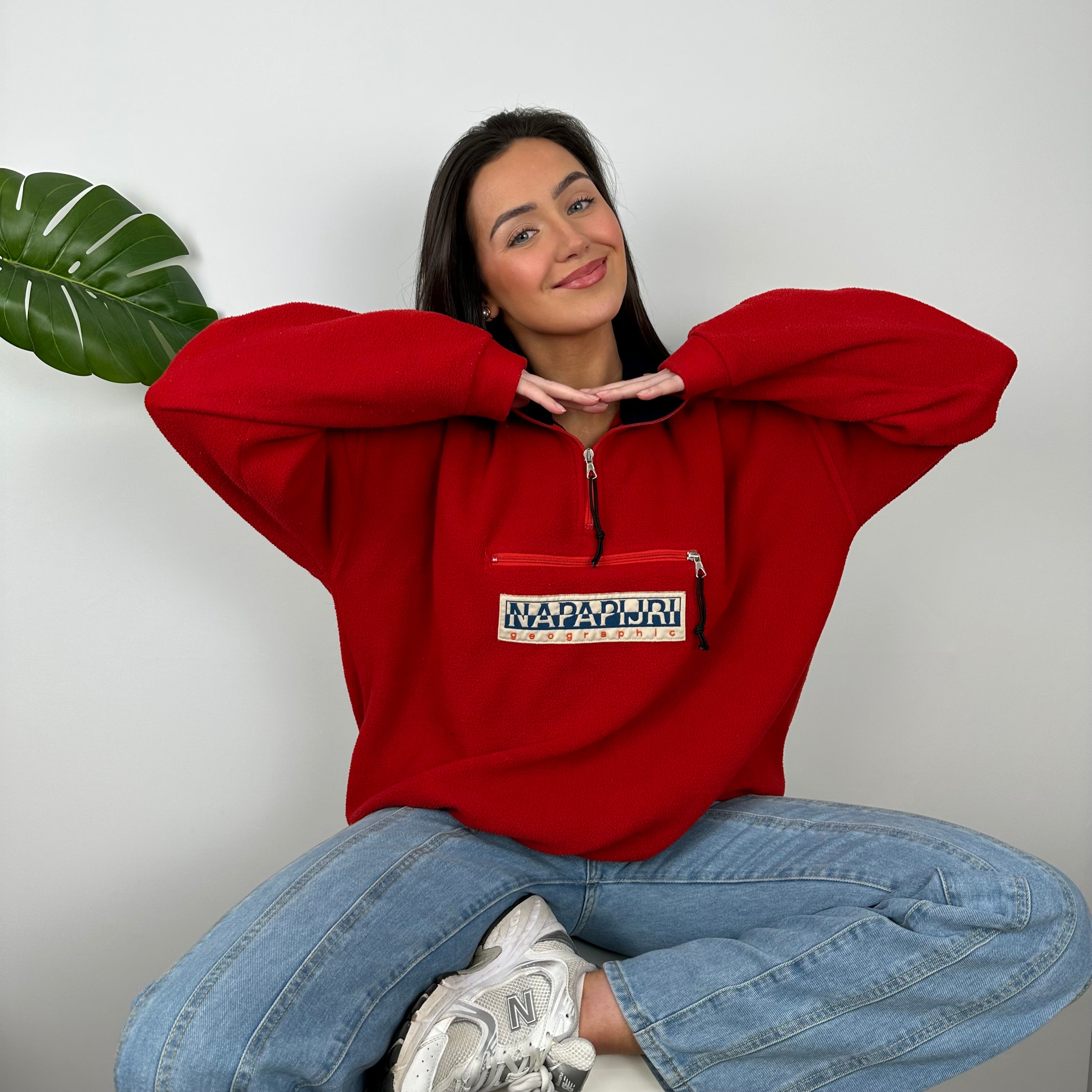 Napapijri Red Embroidered Spell Out Teddy Bear Fleece Quarter Zip (M)