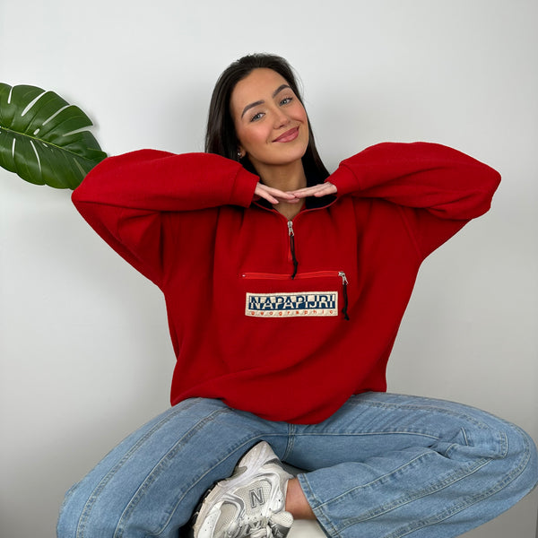 Napapijri Red Embroidered Spell Out Teddy Bear Fleece Quarter Zip (M)