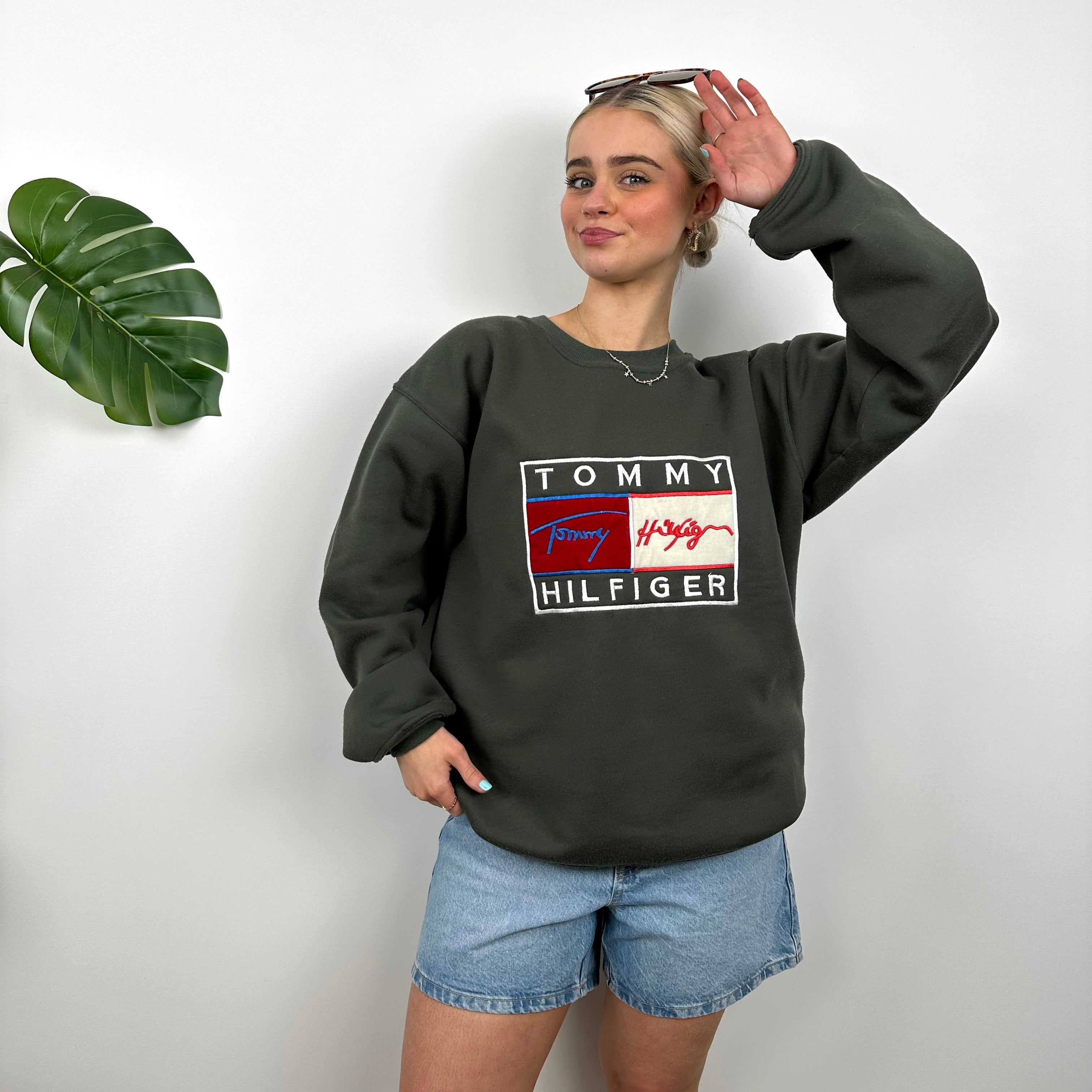 Tommy Hilfiger Green Embroidered Spell Out Sweatshirt (L)