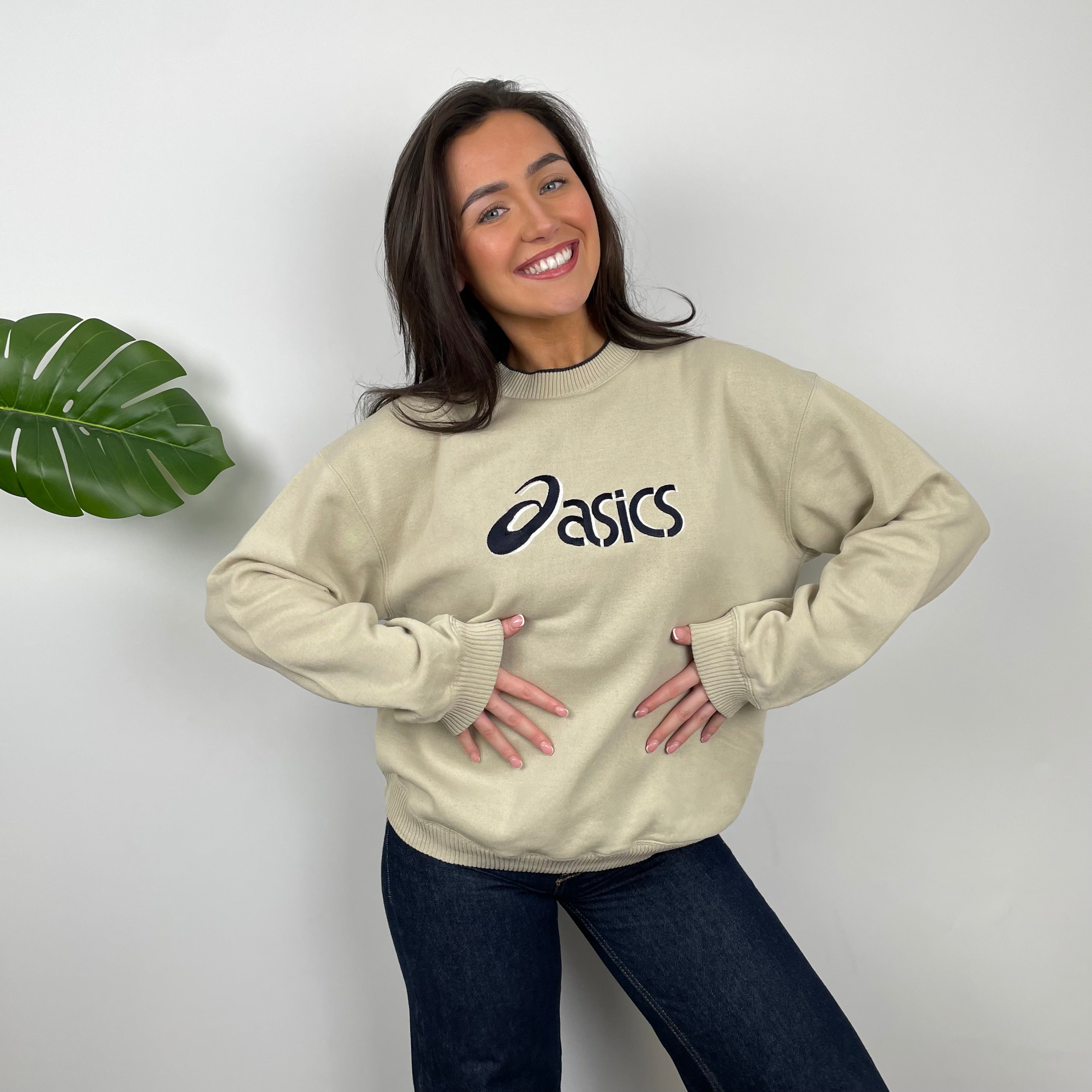ASICS Tan Beige Embroidered Spell Out Sweatshirt (M)