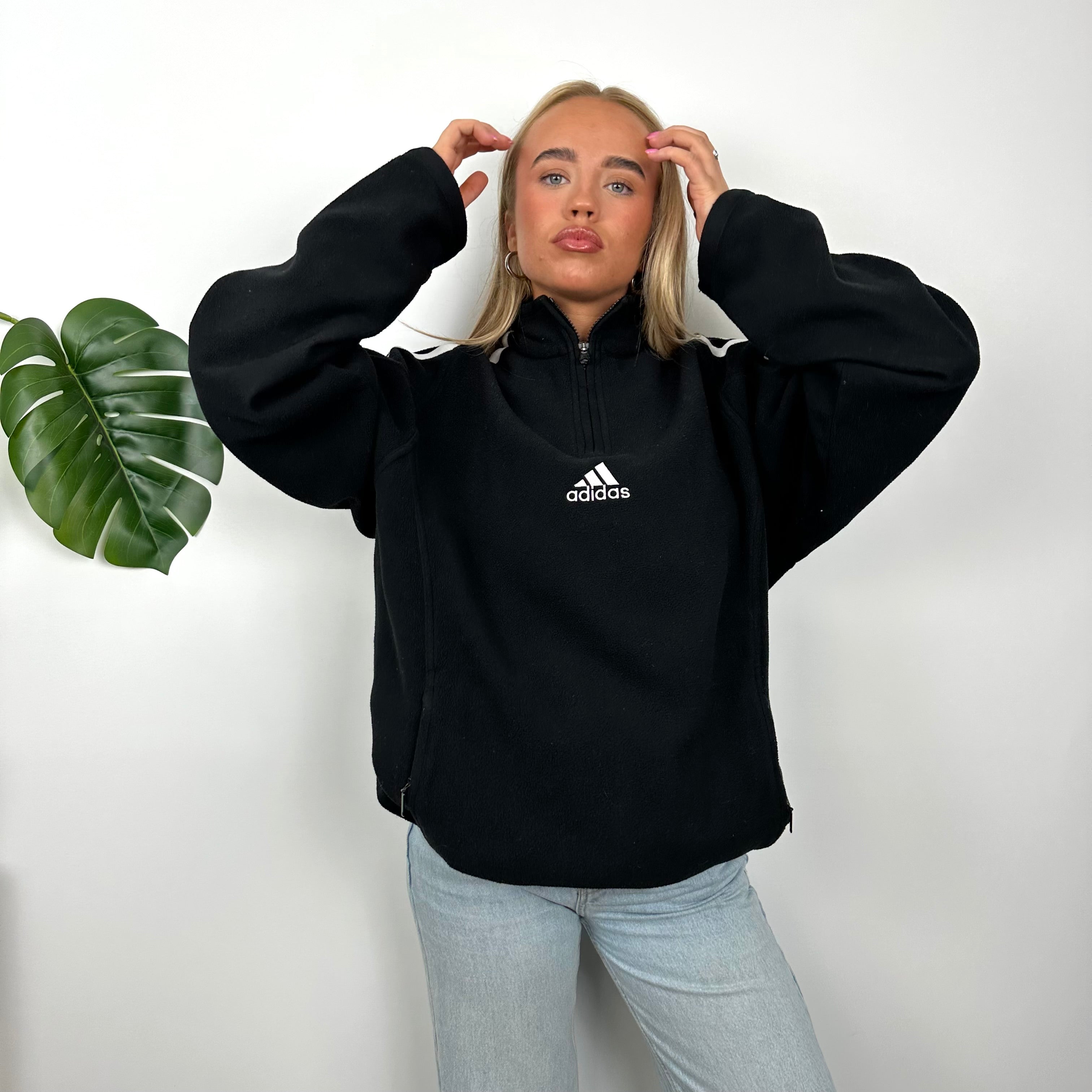 Adidas Black Embroidered Spell Out Teddy Bear Fleece Quarter Zip Sweatshirt (L)