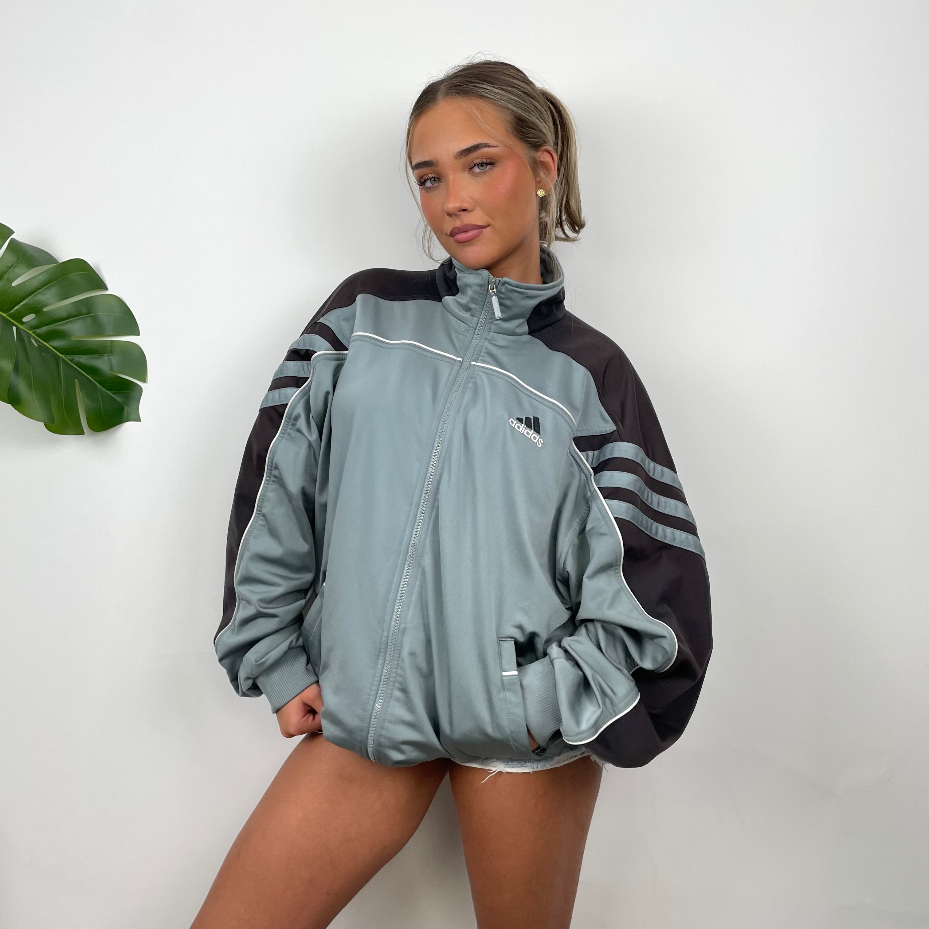 Adidas Embroidered Spell Out Grey And Black Zip Up Track Jacket (L)