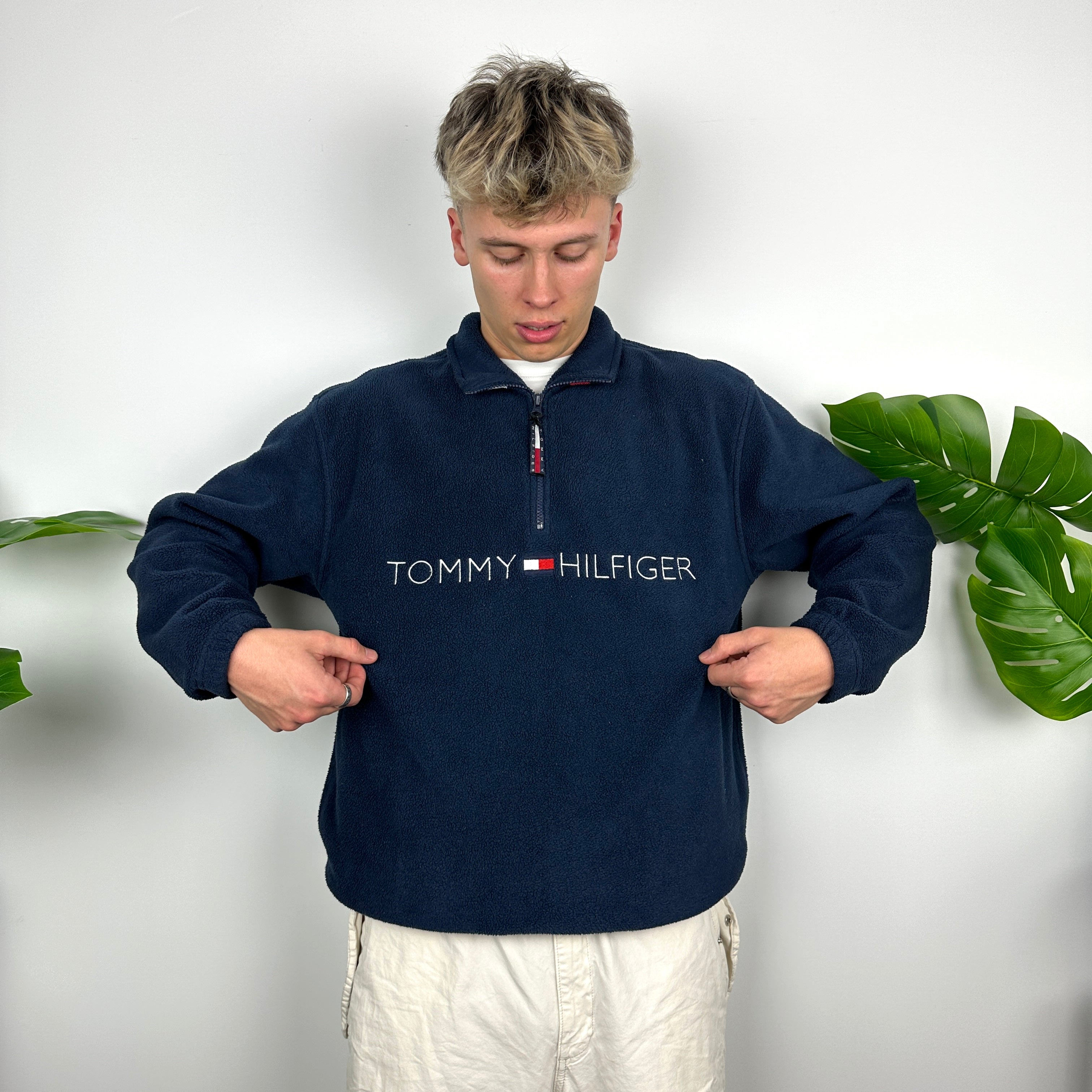 Tommy Hilfiger Navy Embroidered Spell Out Teddy Bear Fleece Quarter Zip Sweatshirt (M)
