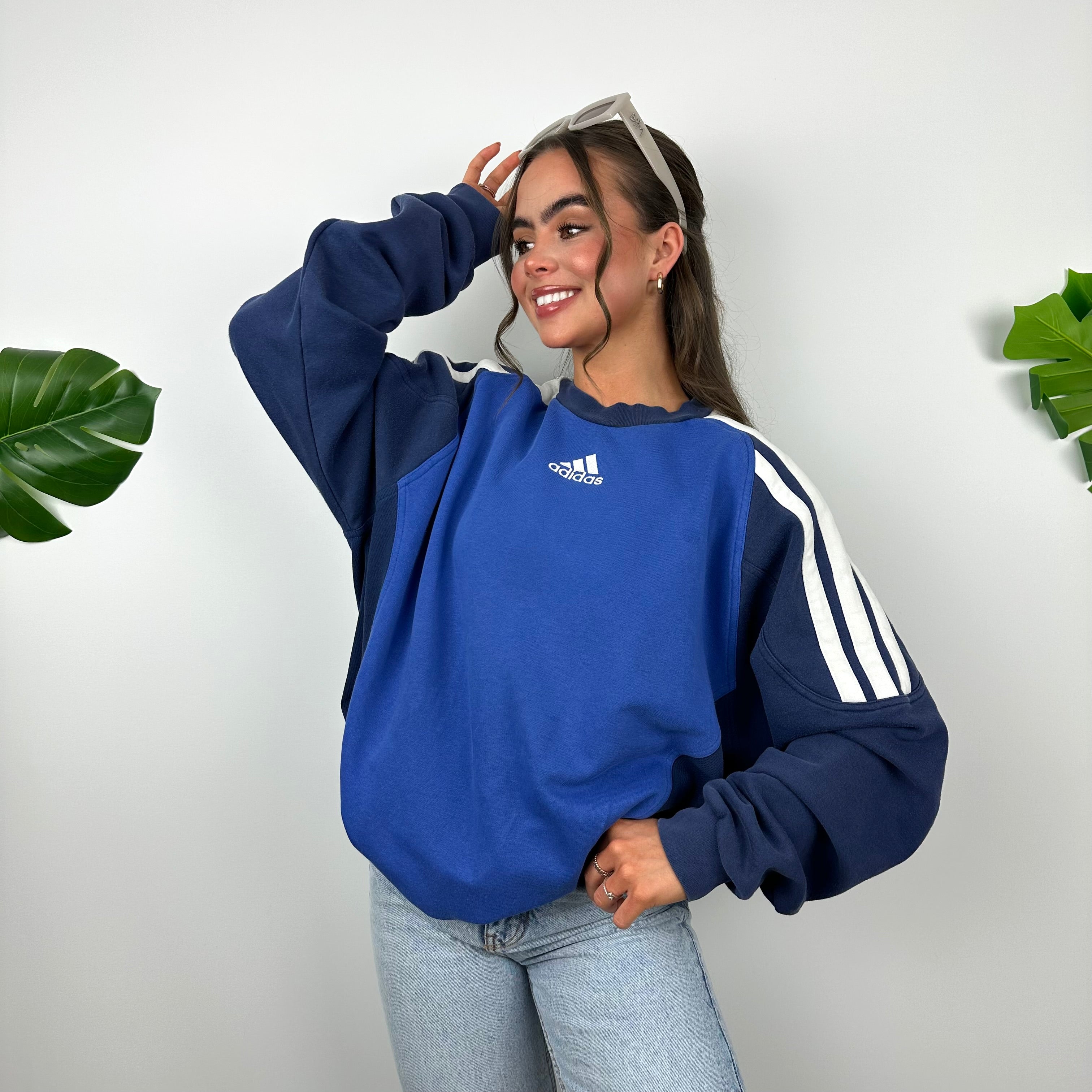 Adidas Blue Embroidered Spell Out Sweatshirt (XL)