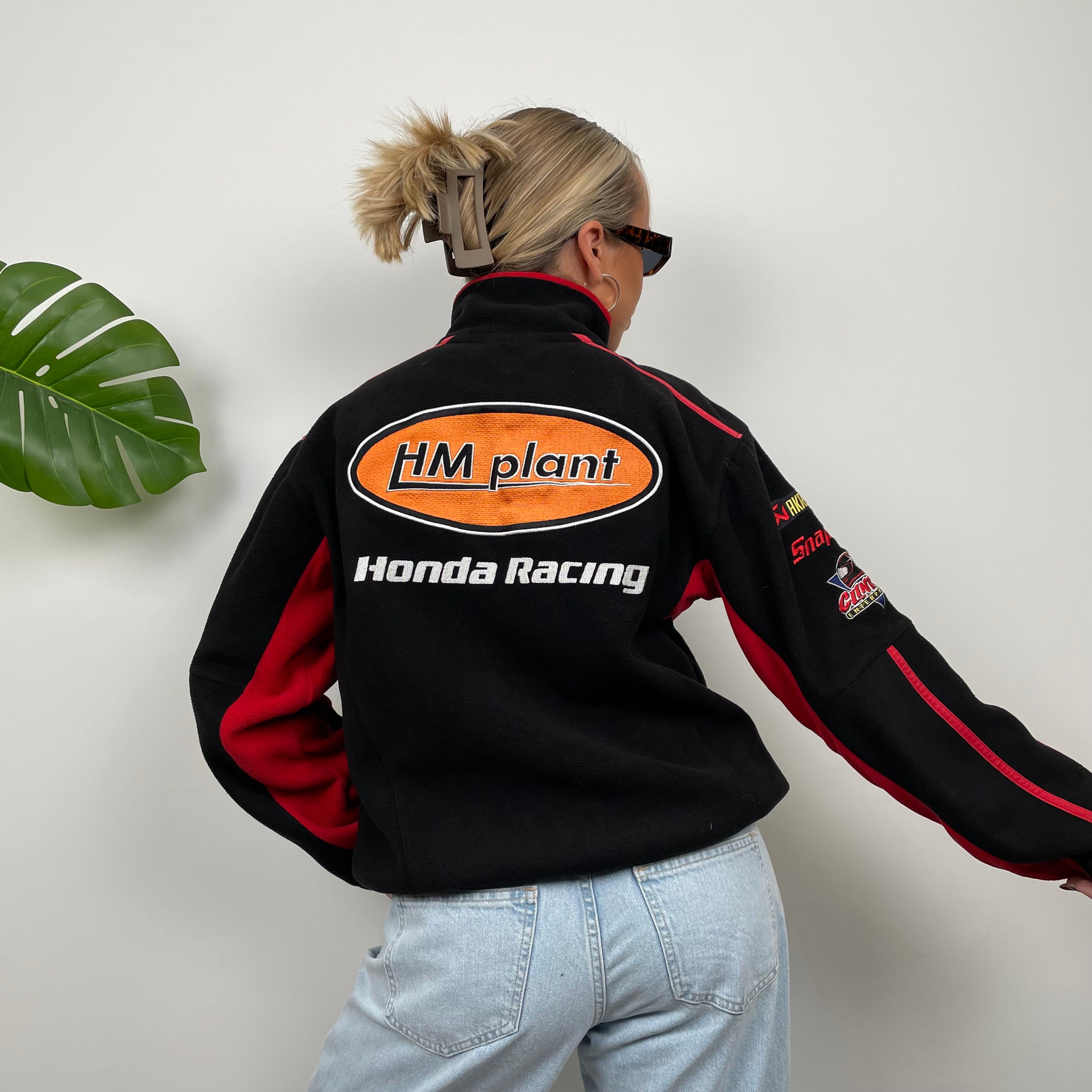 Honda Racing Black Embroidered Spell Out Zip Up Teddy Bear Fleece Jacket (M)