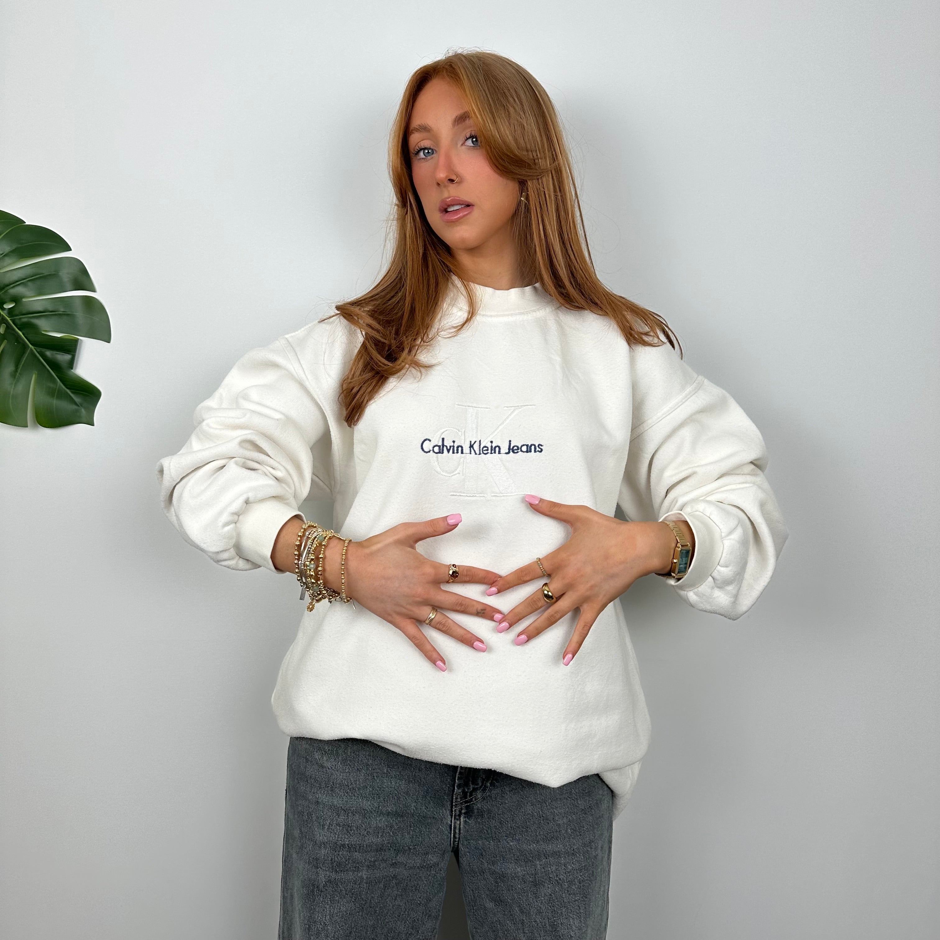 Calvin Klein RARE White Embroidered Spell Out Sweatshirt (XXL)