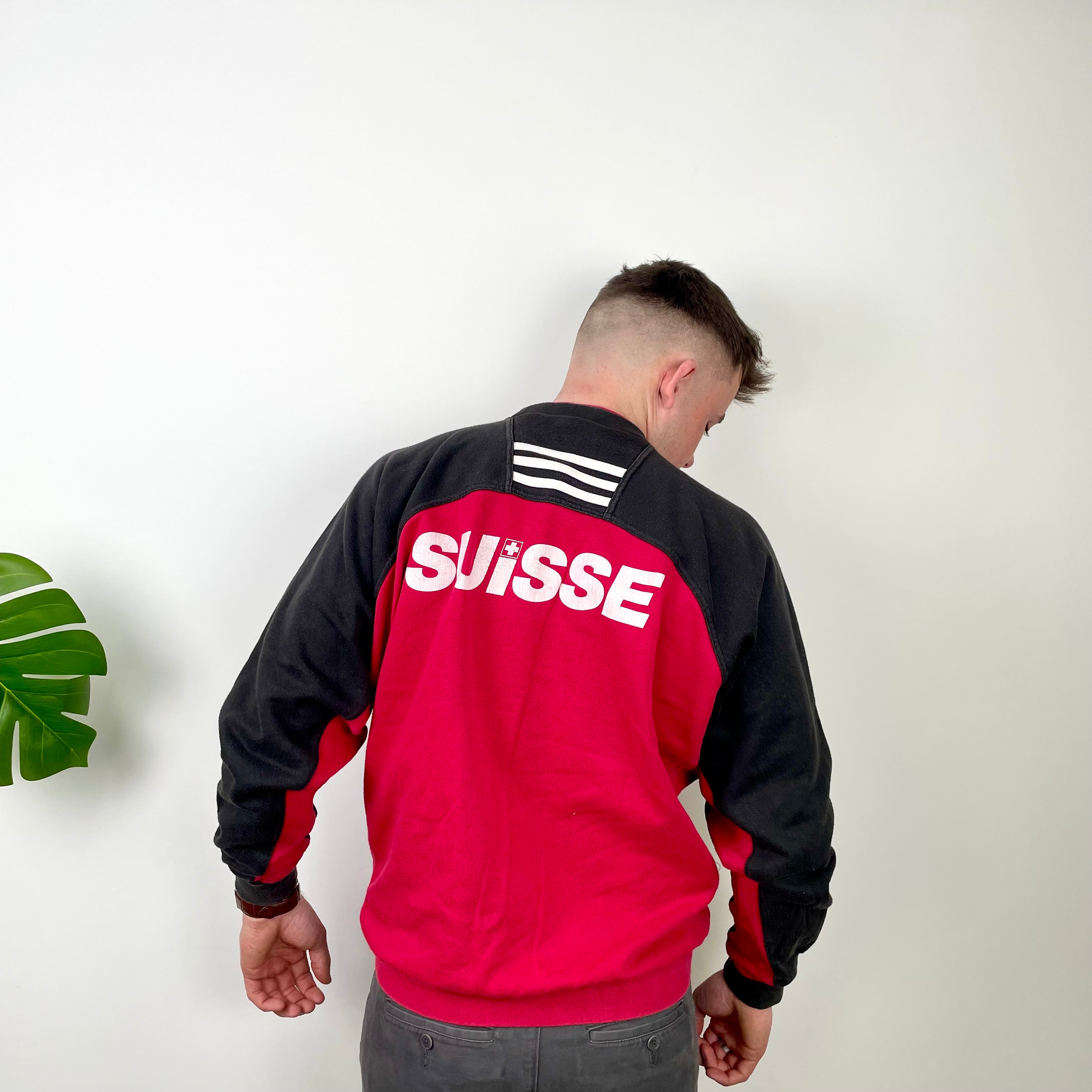 Adidas Red & Black Embroidered Spell Out Colour Block Sweatshirt (L)