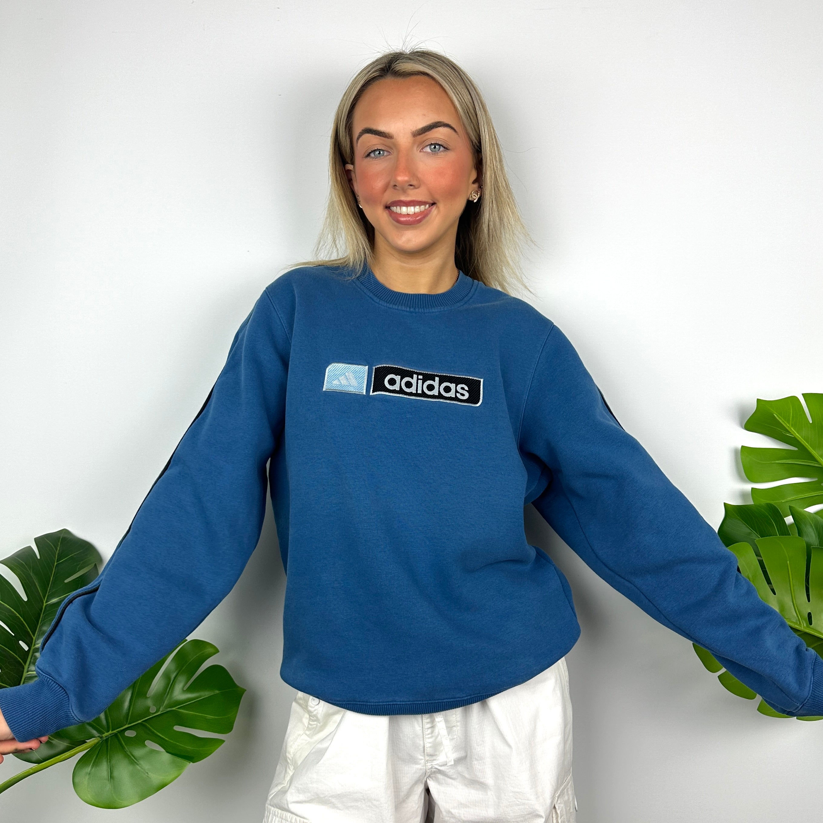 Adidas Blue Embroidered Spell Out Sweatshirt (S)