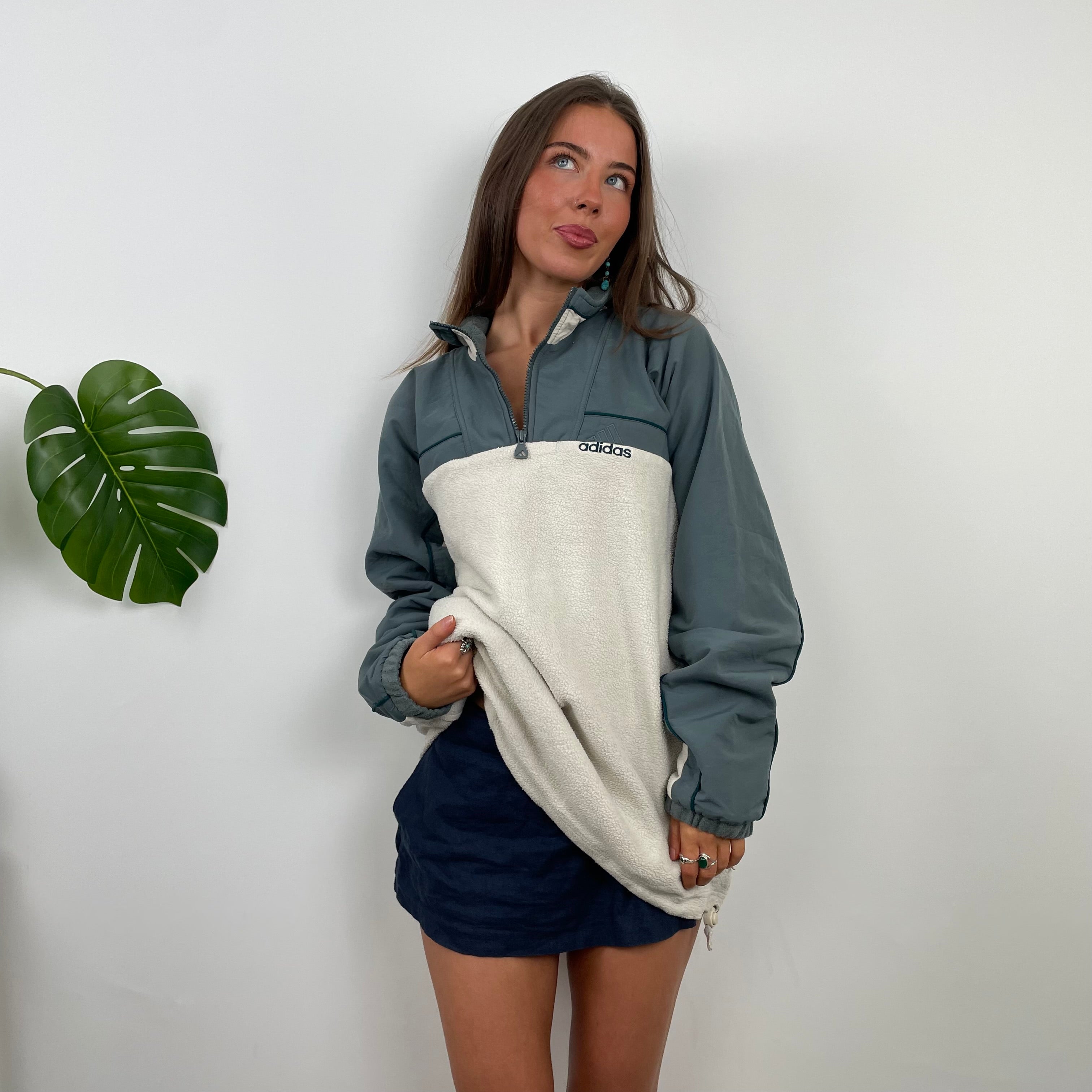 Adidas RARE Cream Embroidered Spell Out Teddy Bear Fleece Quarter Zip Sweatshirt (XL)