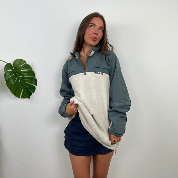 Adidas RARE Cream Embroidered Spell Out Teddy Bear Fleece Quarter Zip Sweatshirt (XL)