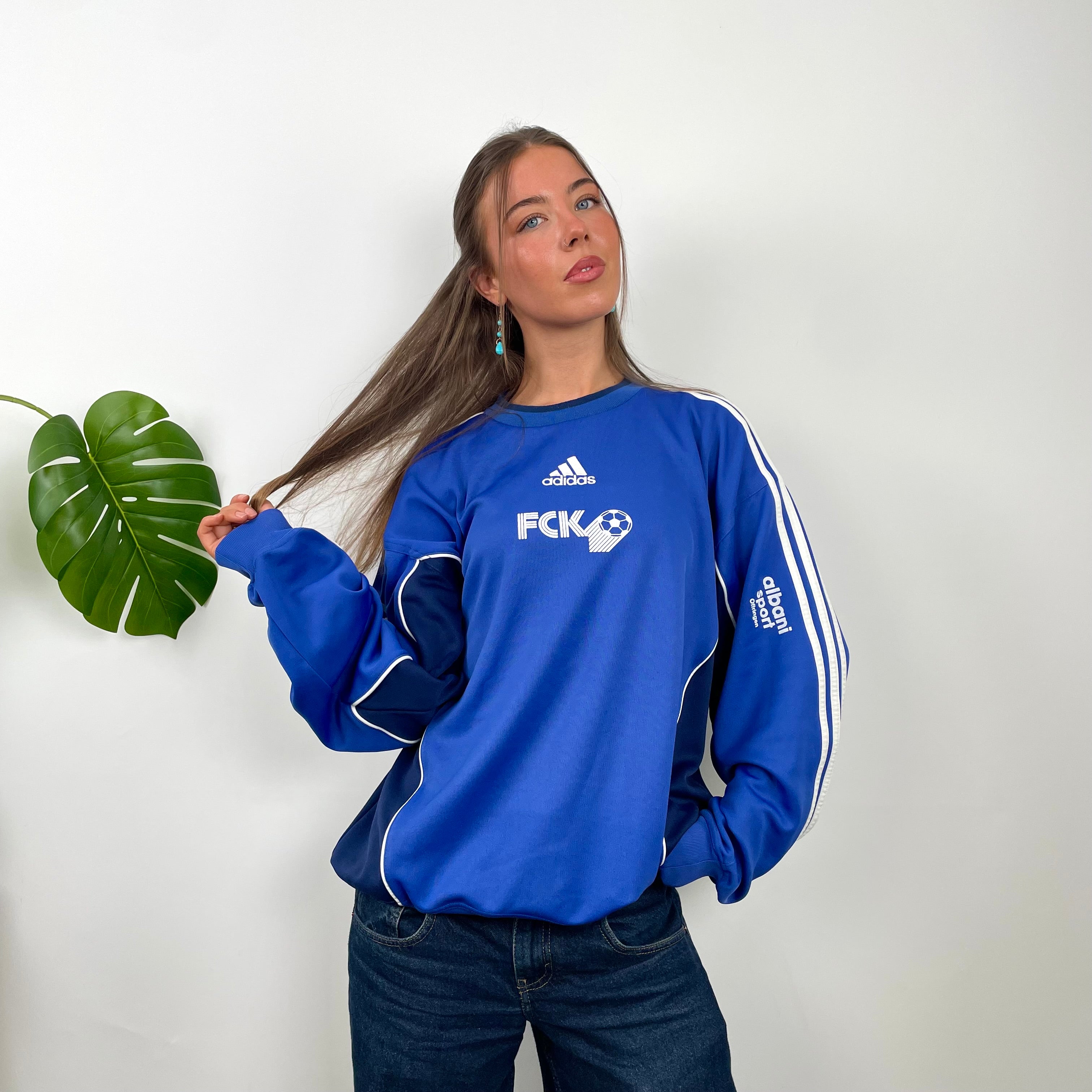 Adidas Blue Embroidered Spell Out Sweatshirt (L)