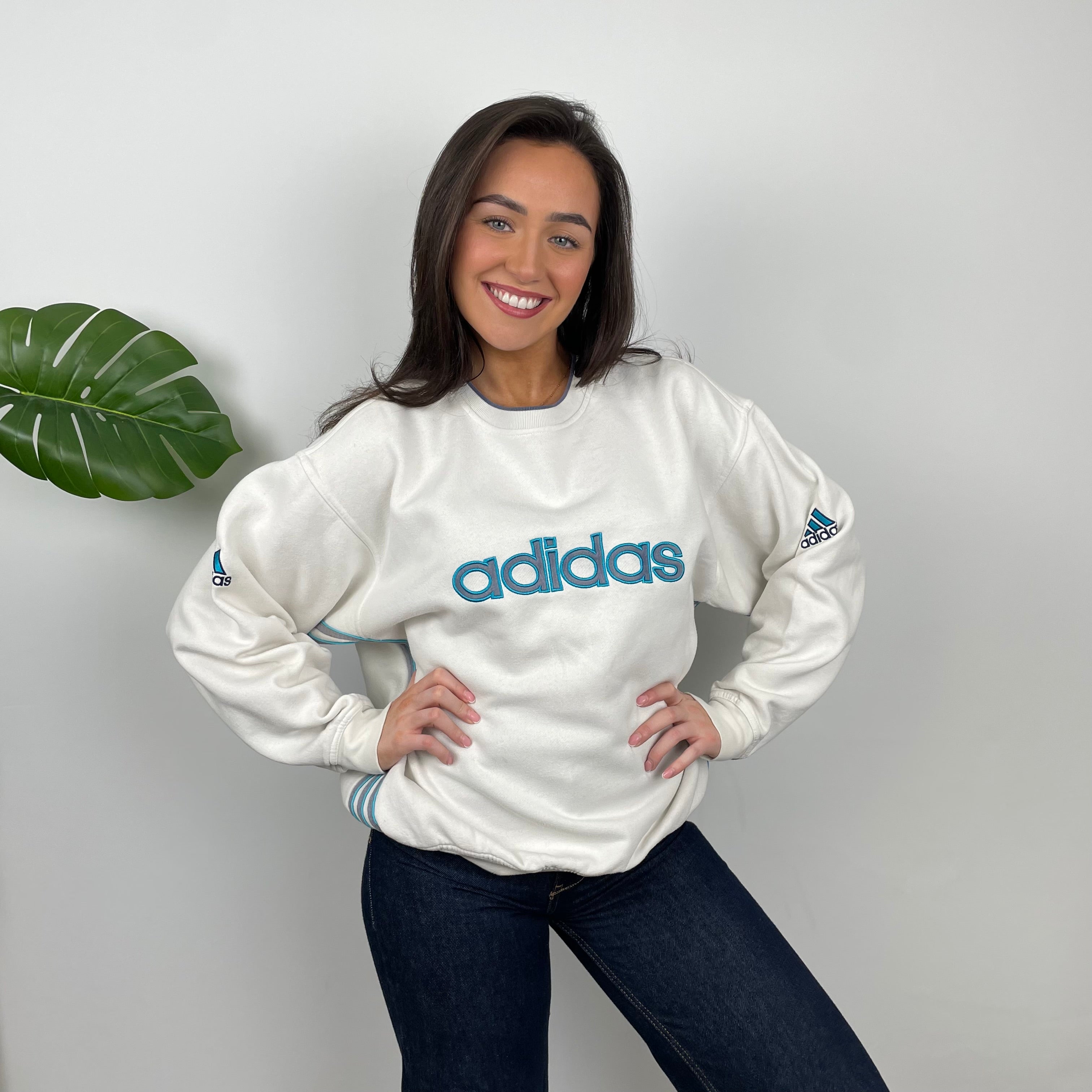 Adidas White Embroidered Spell Out Sweatshirt (M)