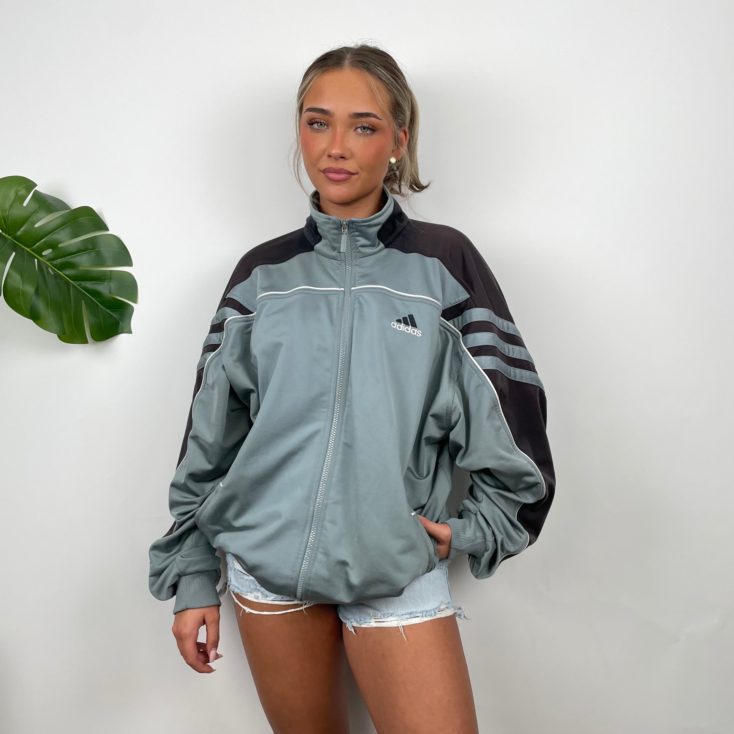 Adidas Embroidered Spell Out Grey And Black Zip Up Track Jacket (L)