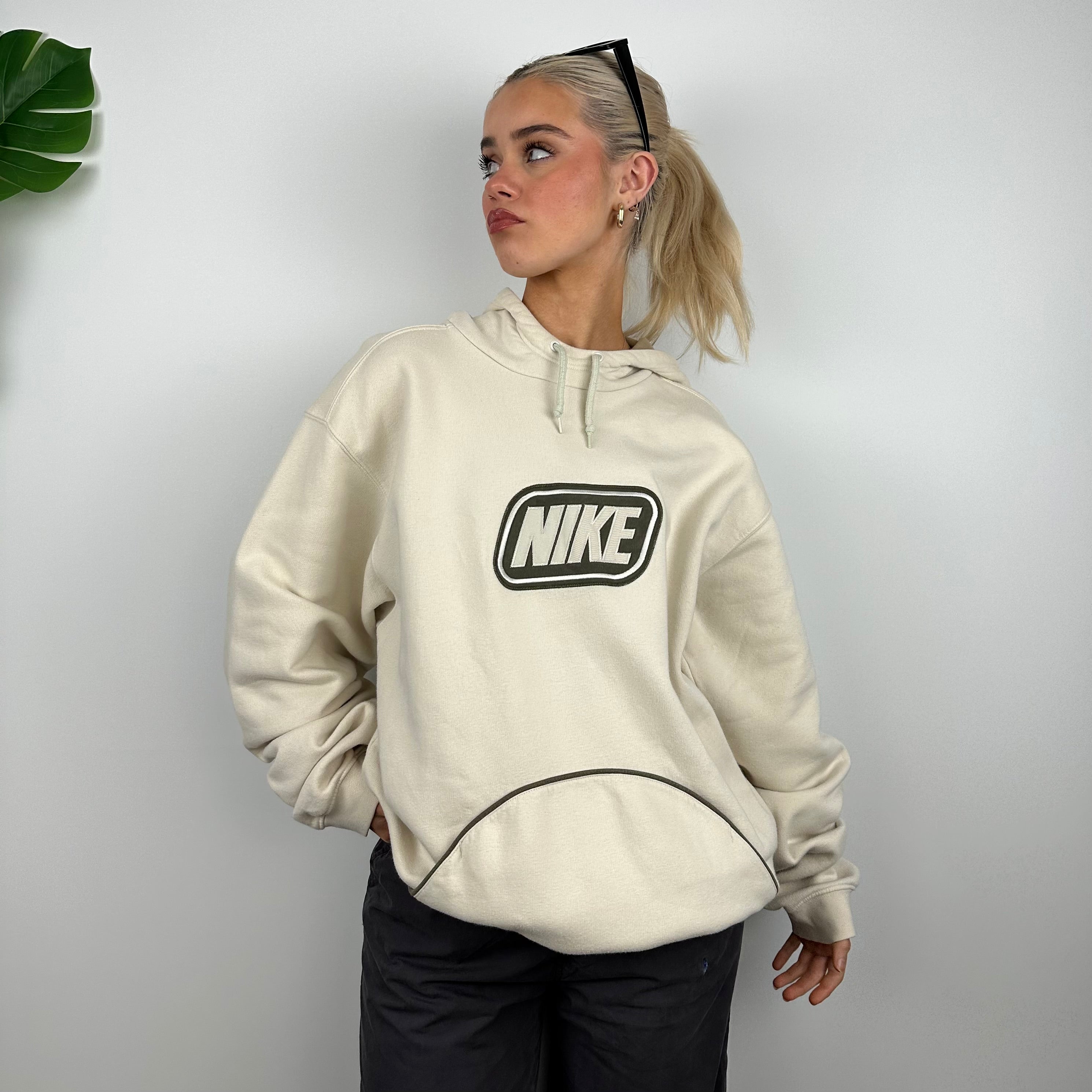 Nike Cream Embroidered Spell Out Hoodie (L)