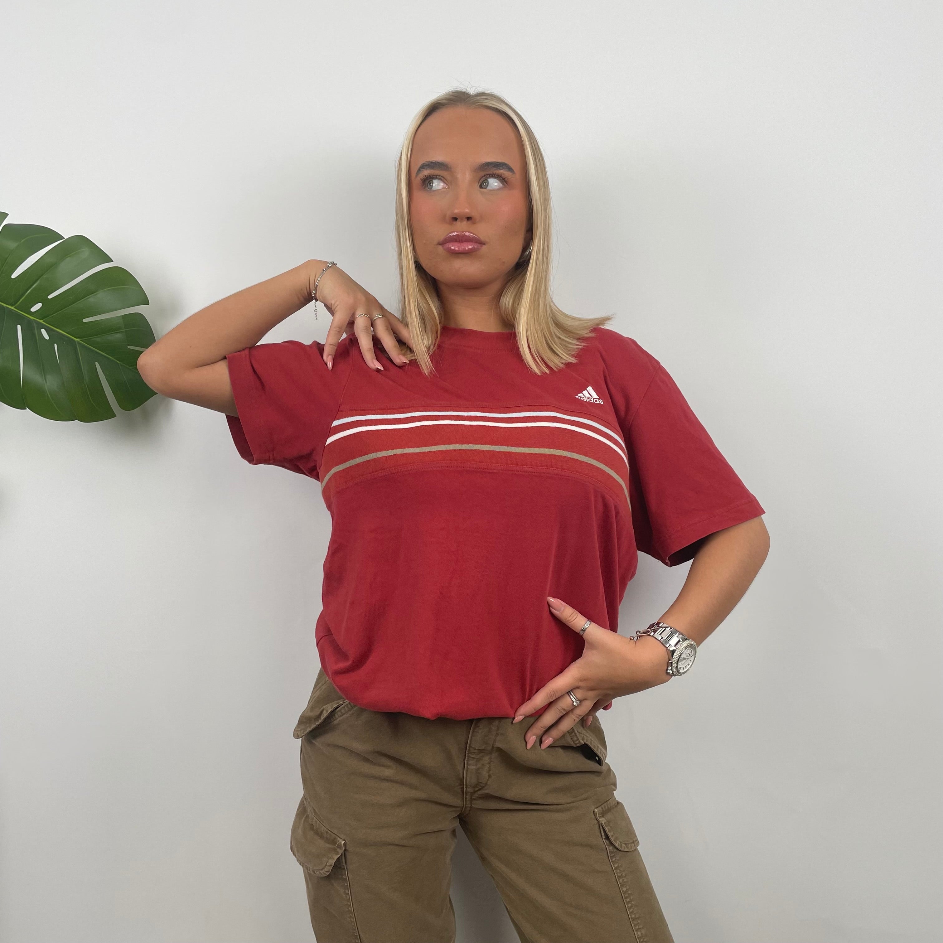 Adidas Red Embroidered Spell Out T Shirt (M)