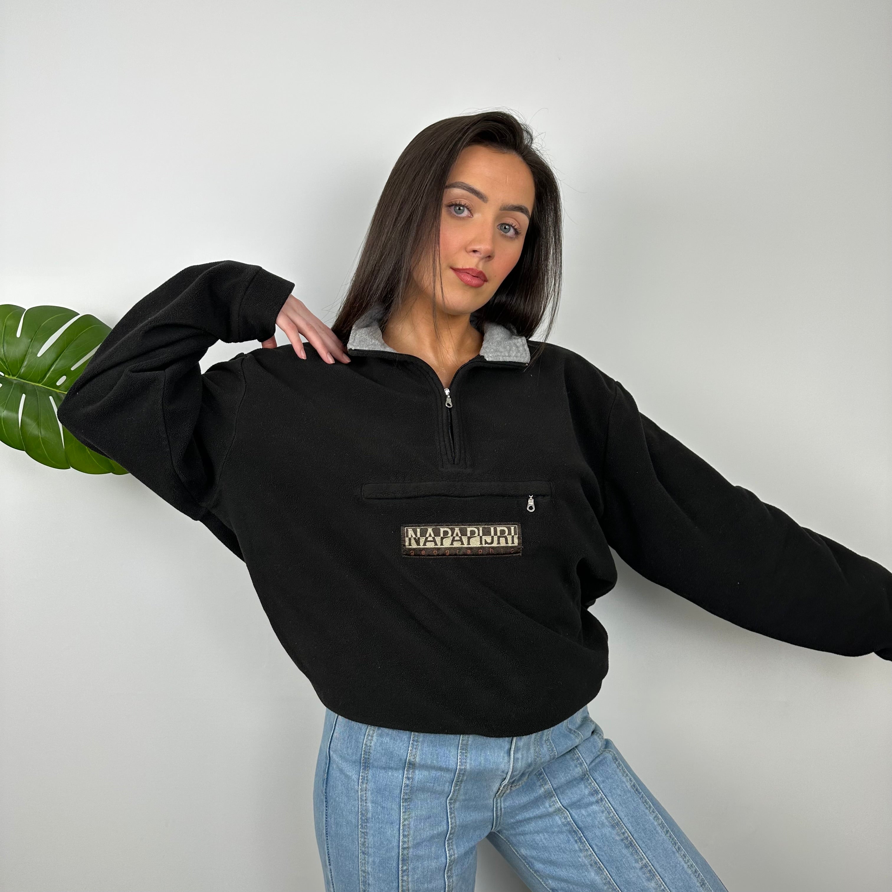 Napapijri RARE Black Embroidered Spell Out Teddy Bear Fleece Quarter Zip Sweatshirt (M)