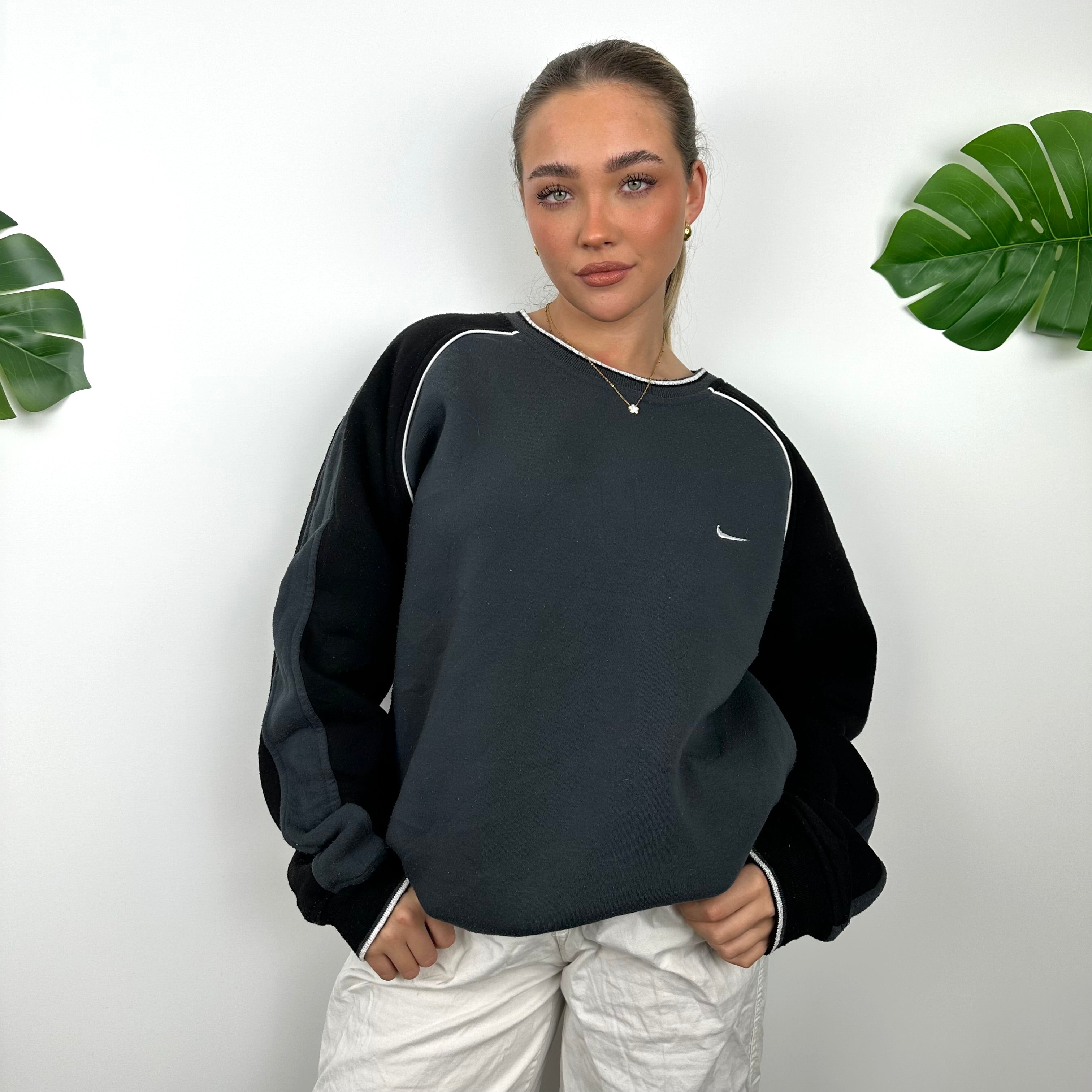 Nike Grey & Black Embroidered Swoosh Sweatshirt (XXL)