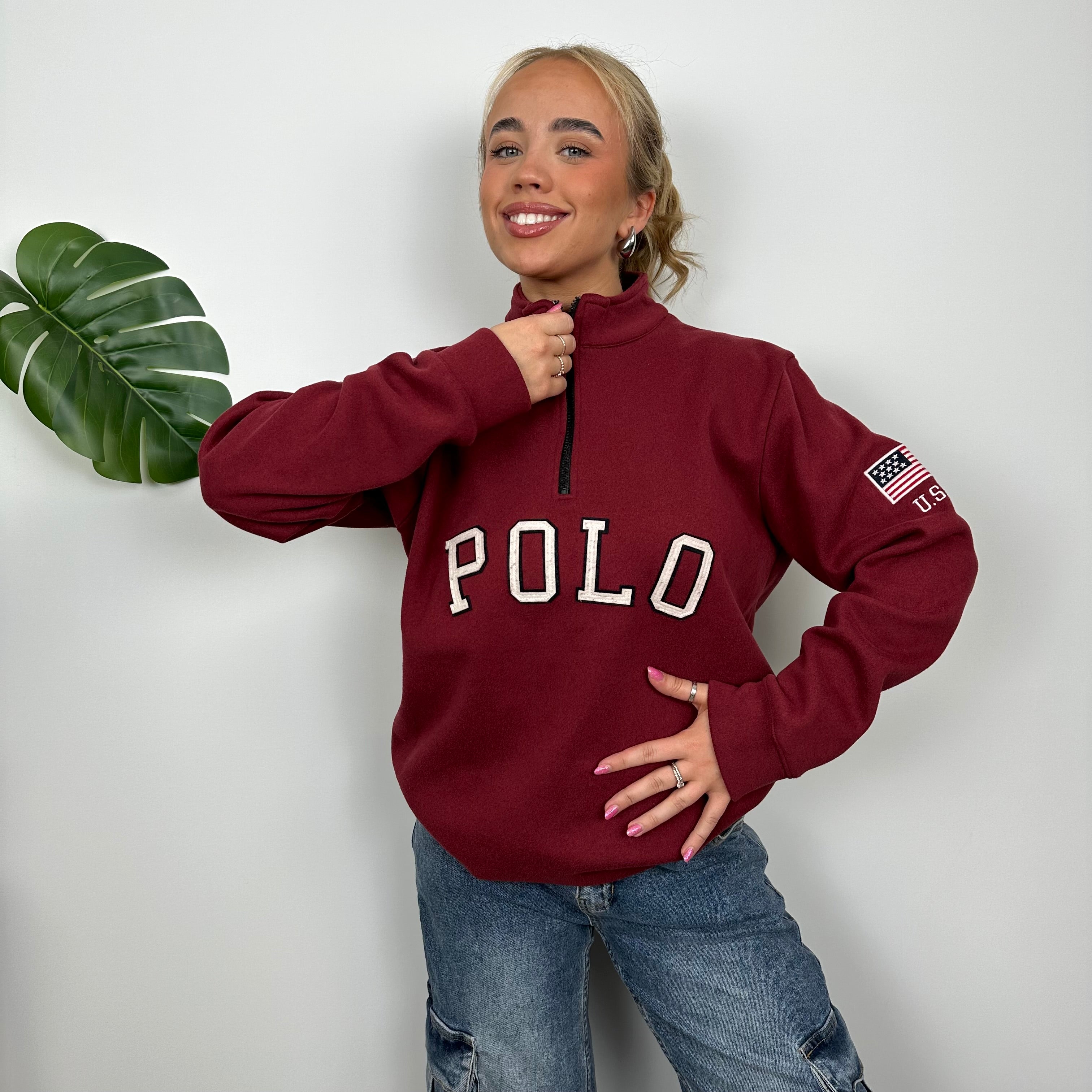 Polo Ralph Lauren Maroon Embroidered Spell Out Fleece Quarter Zip (L)