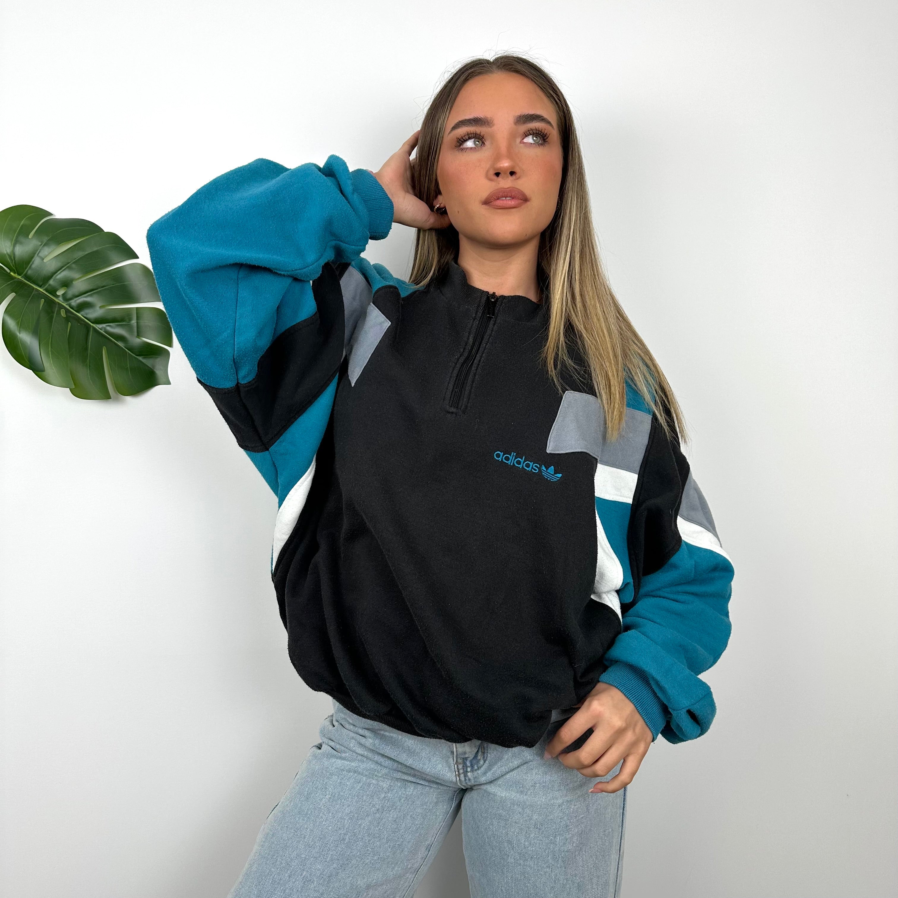 Adidas Colour Block Embroidered Spell Out Quarter Zip Sweatshirt (L)
