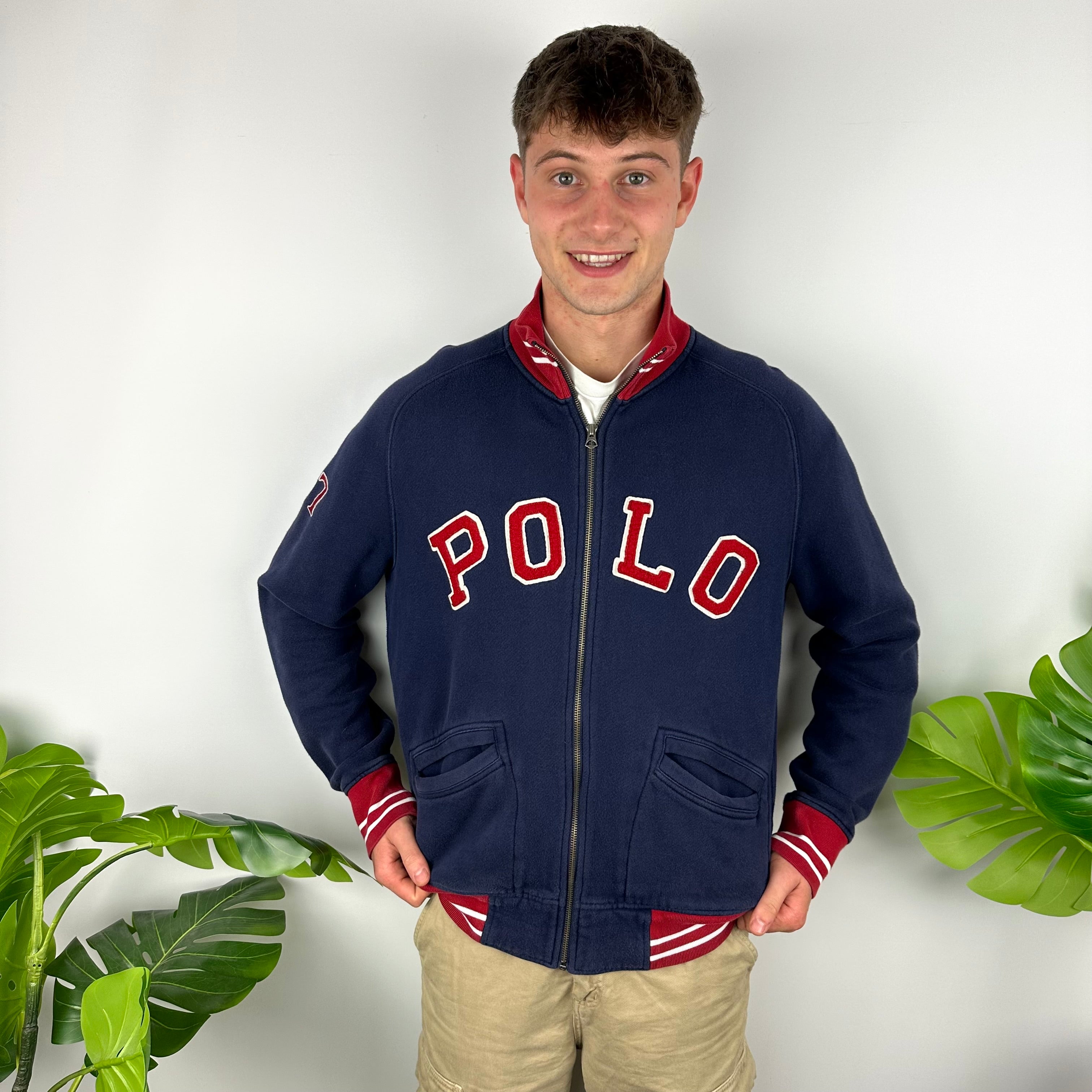Polo Ralph Lauren Navy Embroidered Spell Out Zip Up Jacket (L)