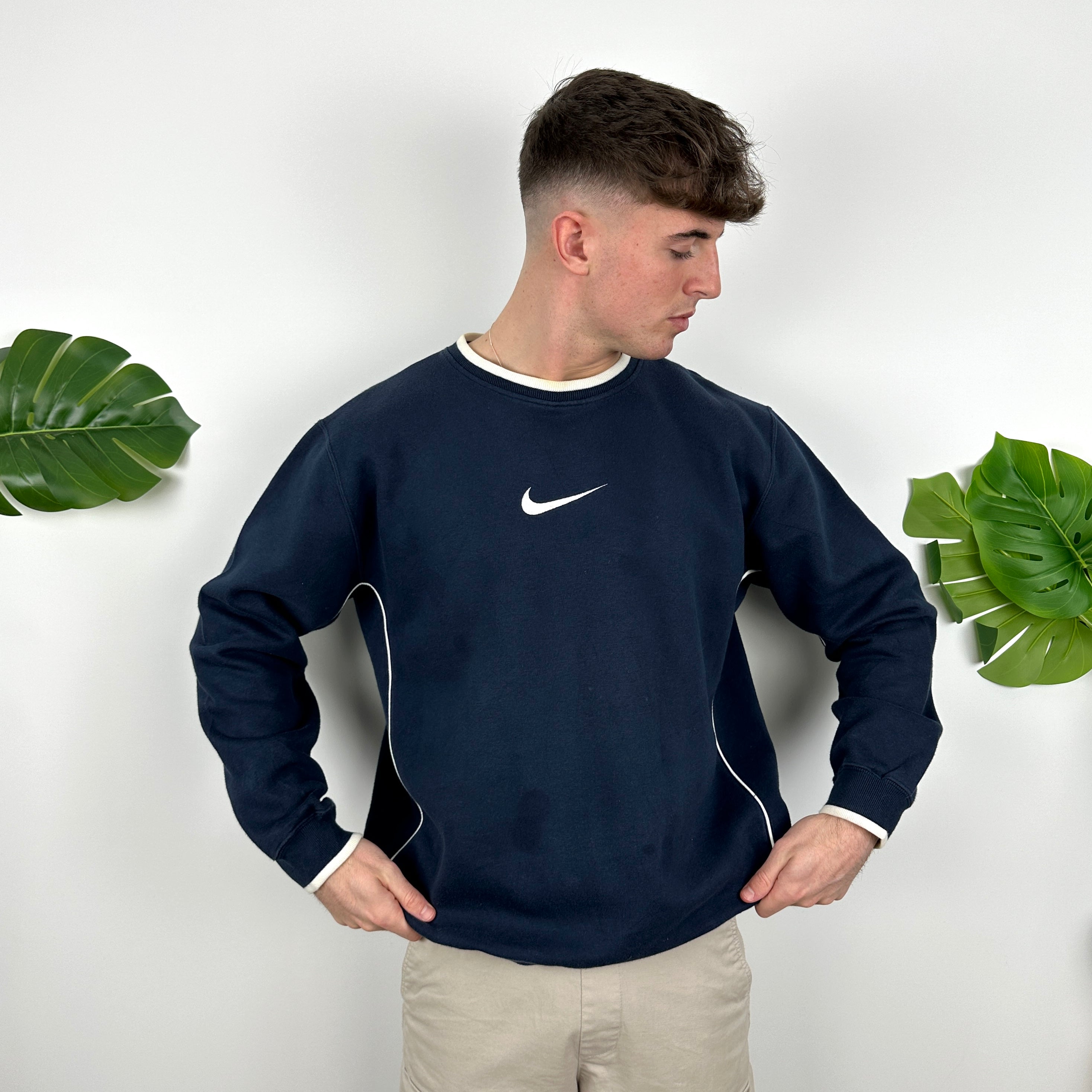 Nike RARE Navy Embroidered Swoosh Sweatshirt (L)