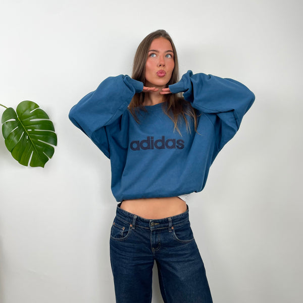Adidas Blue Embroidered Spell Out Sweatshirt (XL)