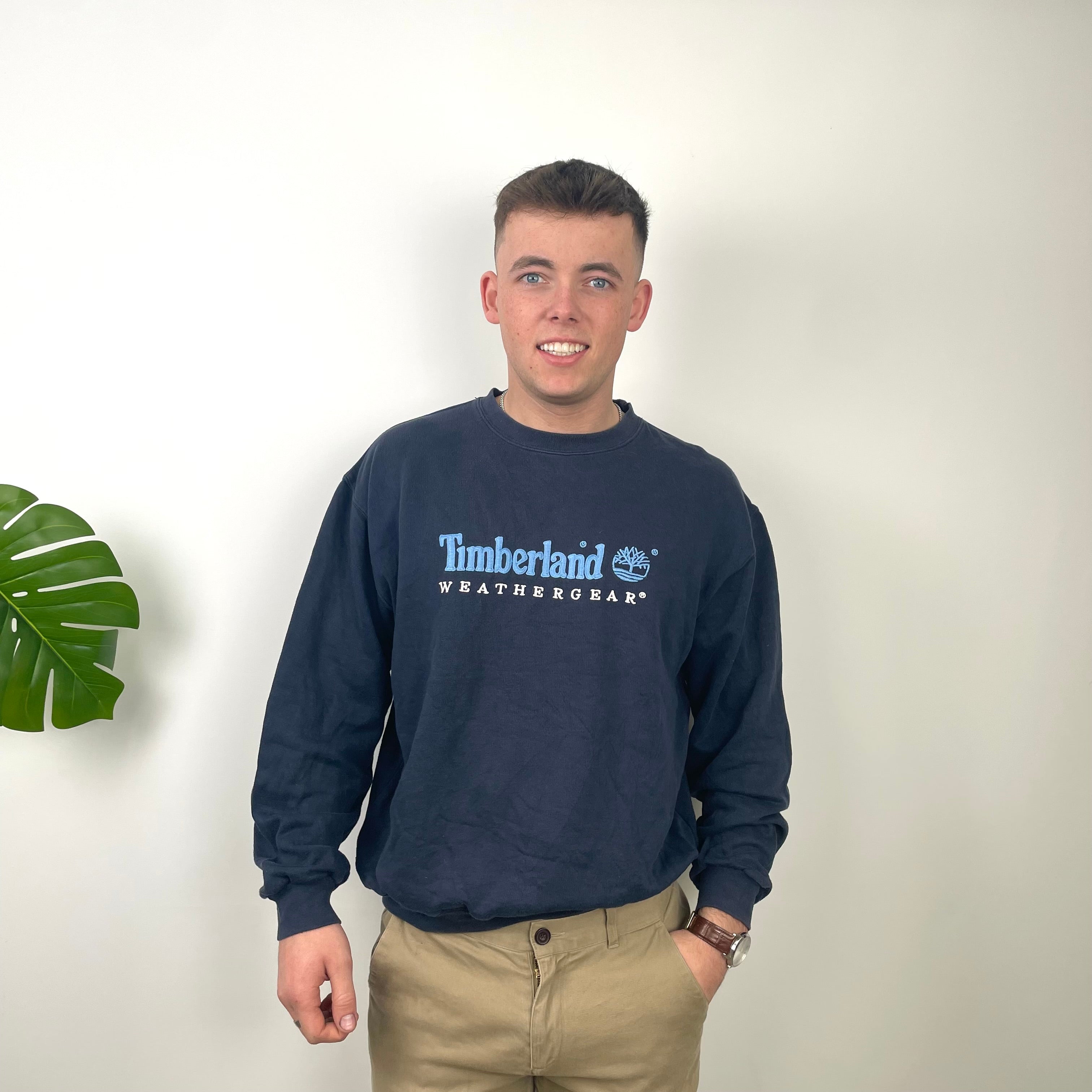 Timberland RARE Blue Embroidered Spell Out Sweatshirt (M)