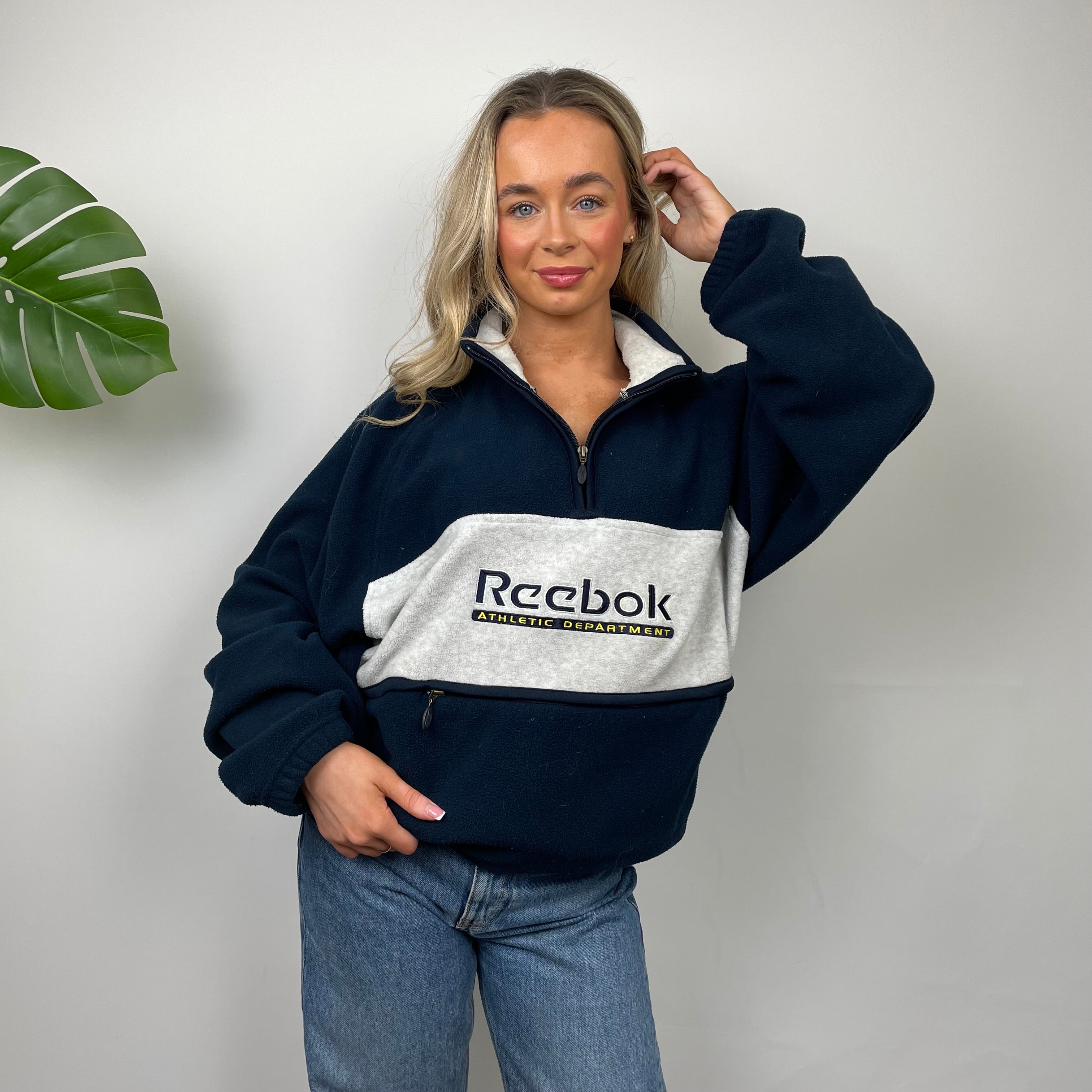 Reebok Navy Embroidered Spell Out Teddy Bear Fleece Quarter Zip Sweatshirt (L)