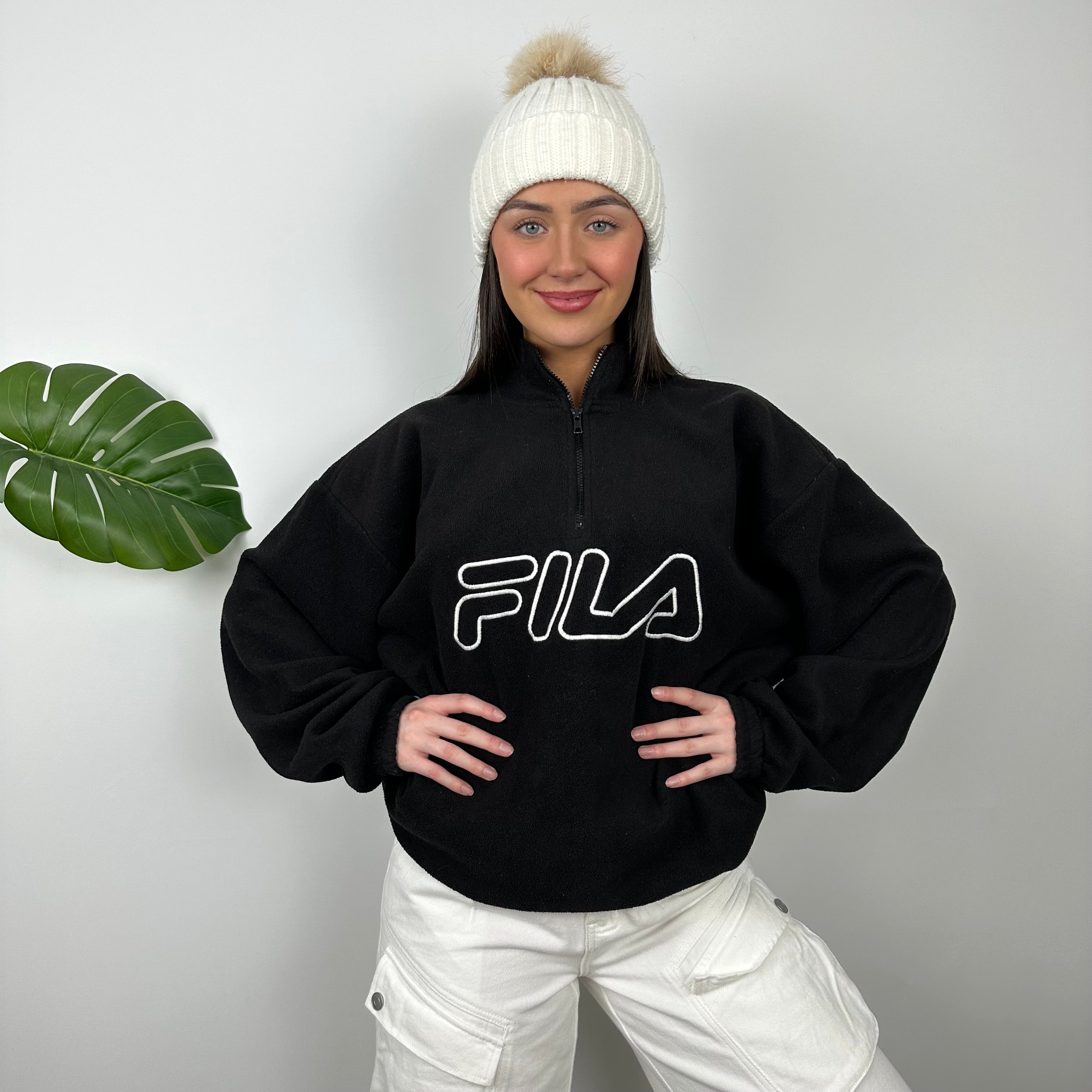 FILA Black Embroidered Spell Out Teddy Bear Fleece Quarter Zip Sweatshirt (L)