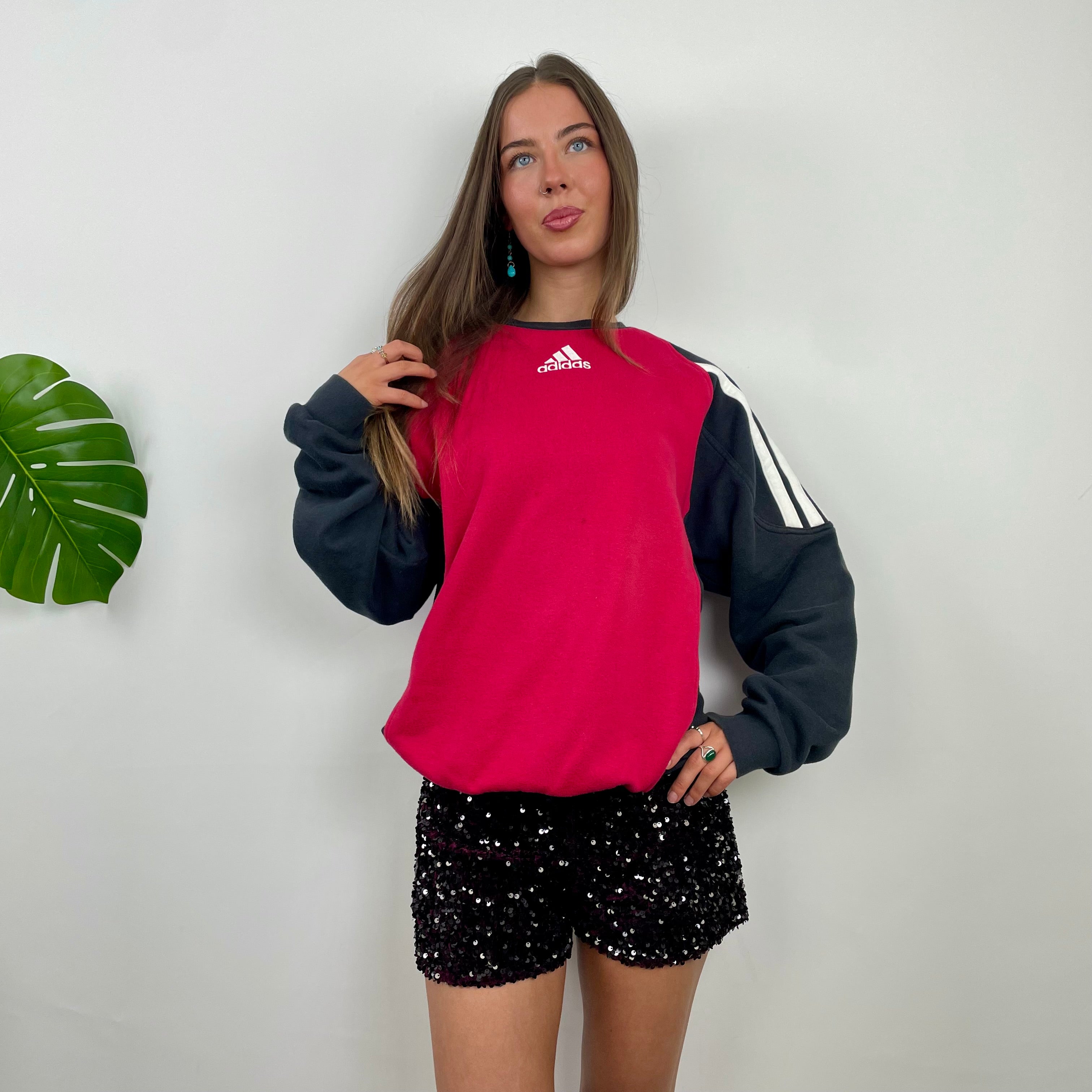 Adidas Red & Black Embroidered Spell Out Colour Block Sweatshirt (L)